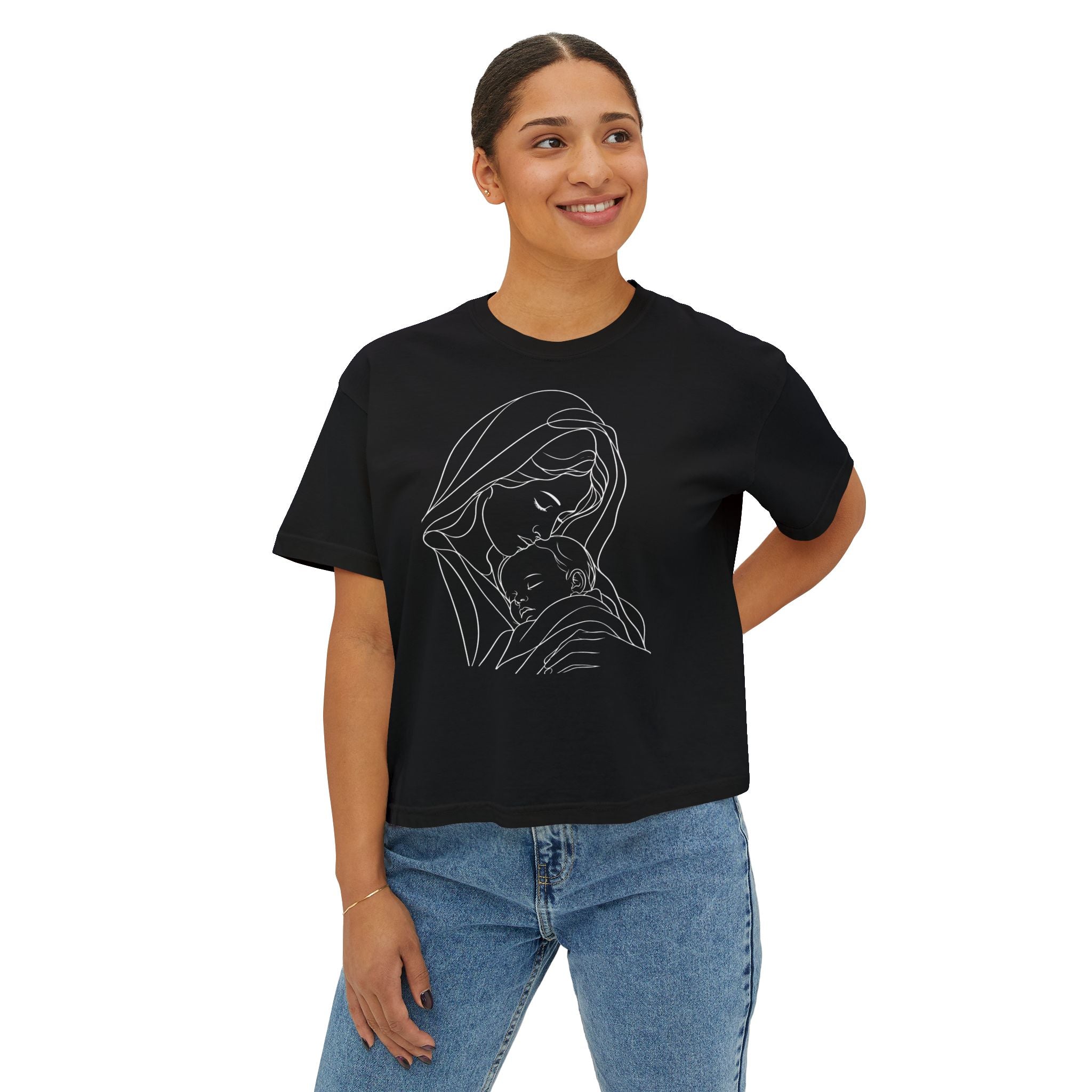 Mother Mary Line Art Boxy Tee — Minimalist Mother Mary