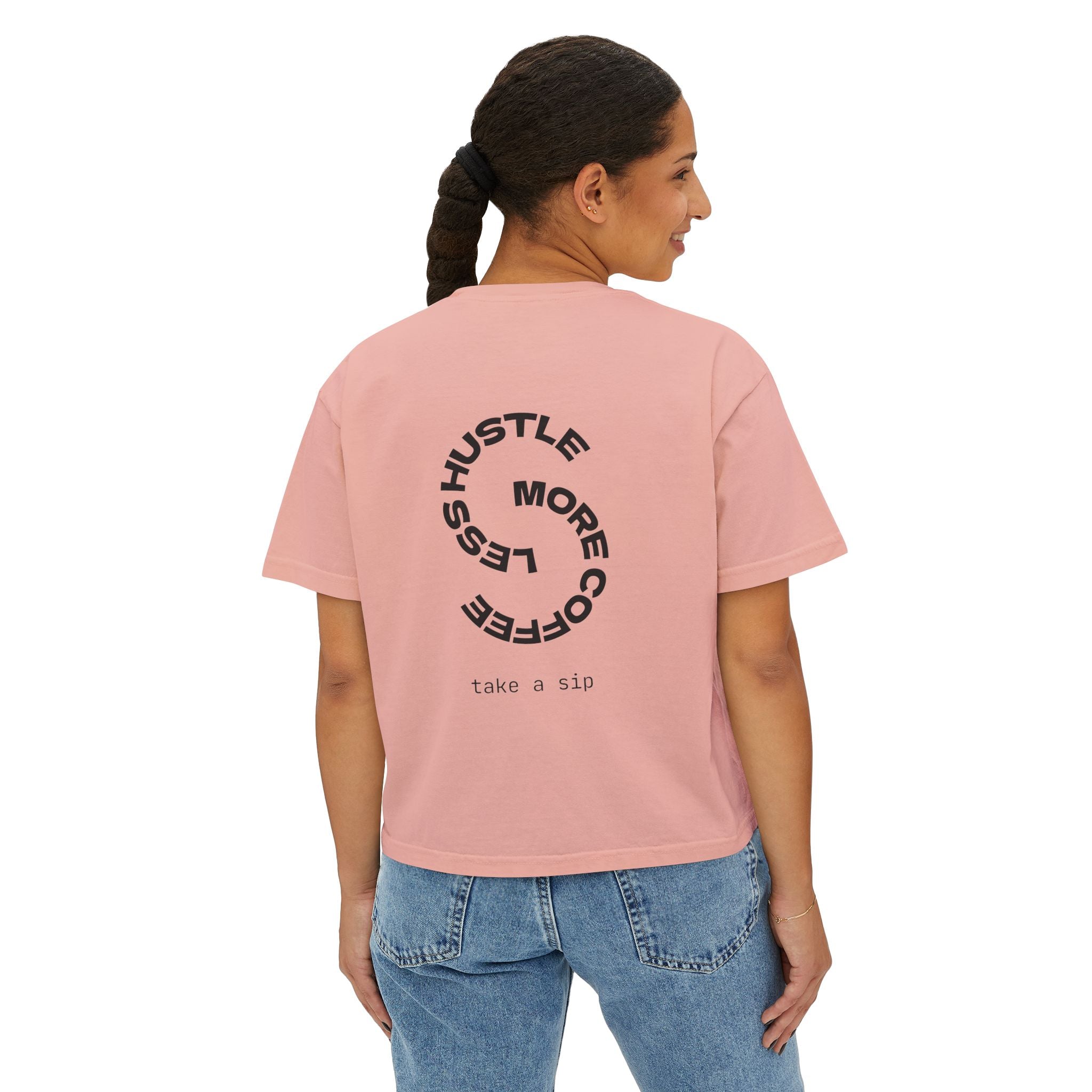 Coffee Graphic Tee — "Expresso Yourself" Boxy Top (Hustle More, Less Coffee)