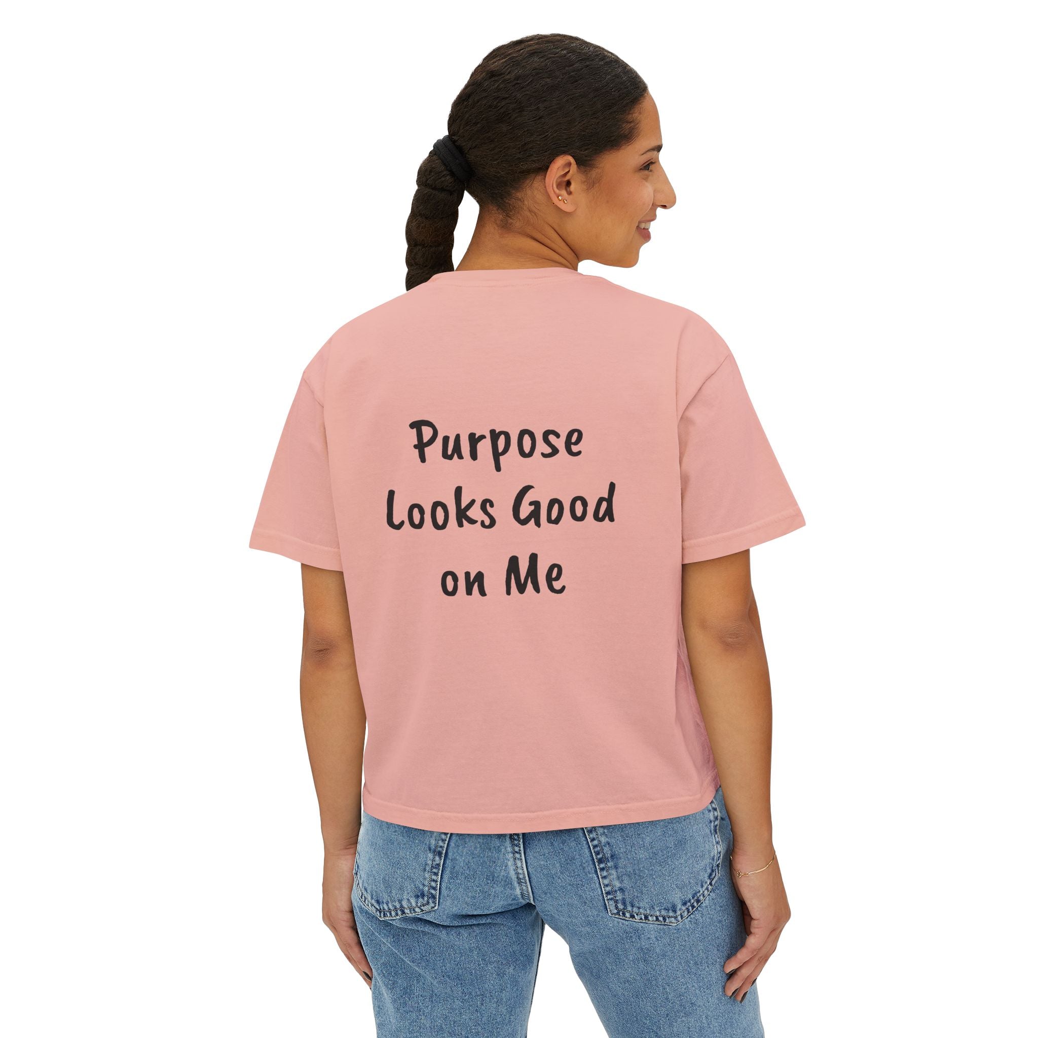 Personalized Women’s Boxy Tee — Peace Hand Graphic & “Purpose Looks Good on Me” Back Print