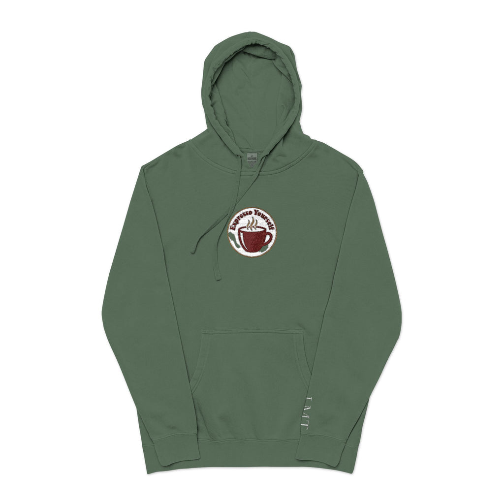 Personalized "Expresso Yourself" Sleeve Pigment-Dyed Hoodie with Coffee Crest Logo — Vintage Cozy Streetwear