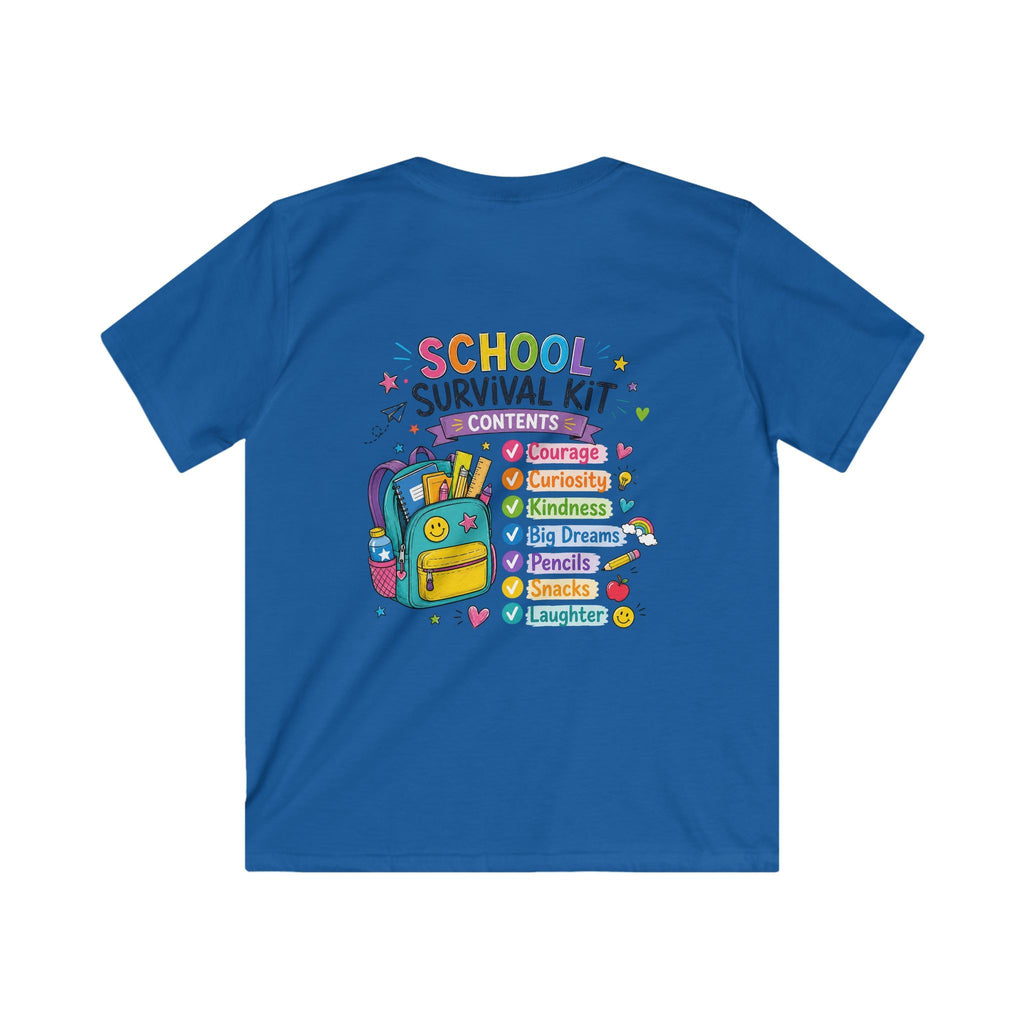 Kids Softstyle Tee- Personalized back to school, with Name, grade, and school survival kit