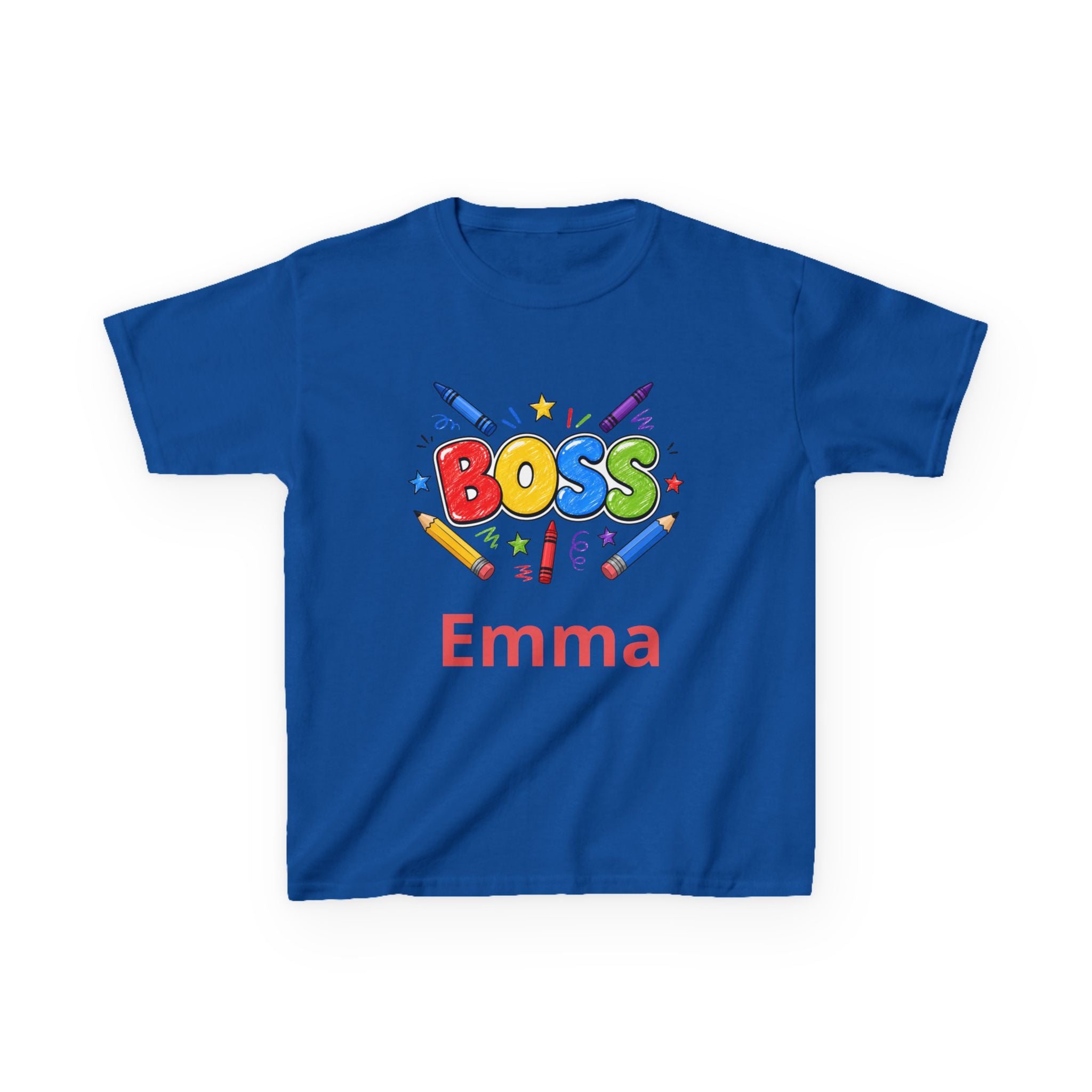 Kids 'Boss' Personalized T‑Shirt — Colorful Crayon Design (Custom Name)