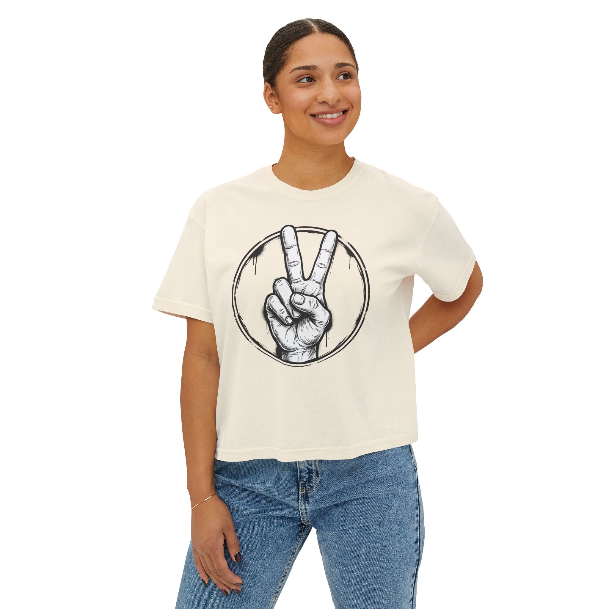 Personalized Women’s Boxy Tee — Peace Hand Graphic & “Purpose Looks Good on Me” Back Print