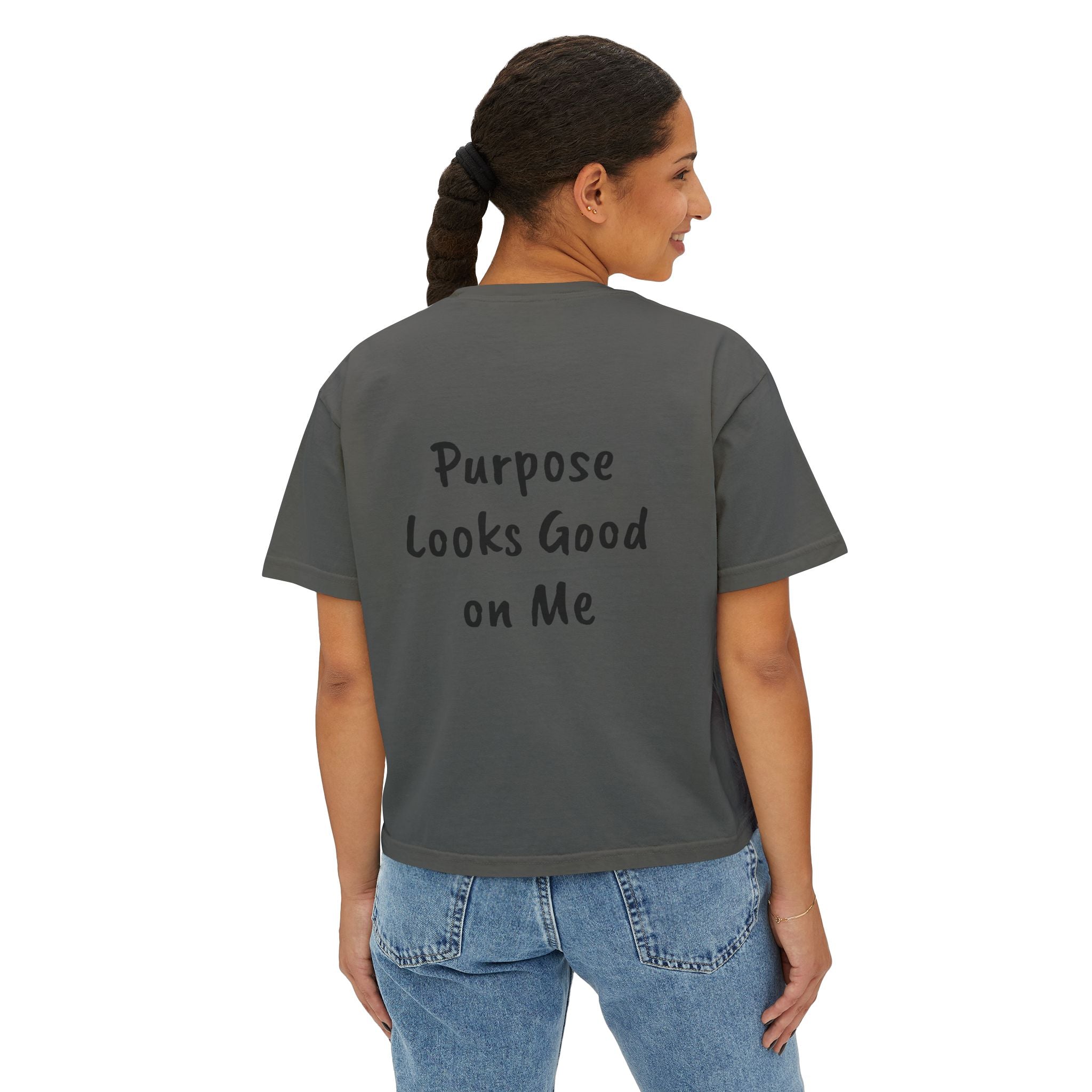 Personalized Women’s Boxy Tee — Peace Hand Graphic & “Purpose Looks Good on Me” Back Print