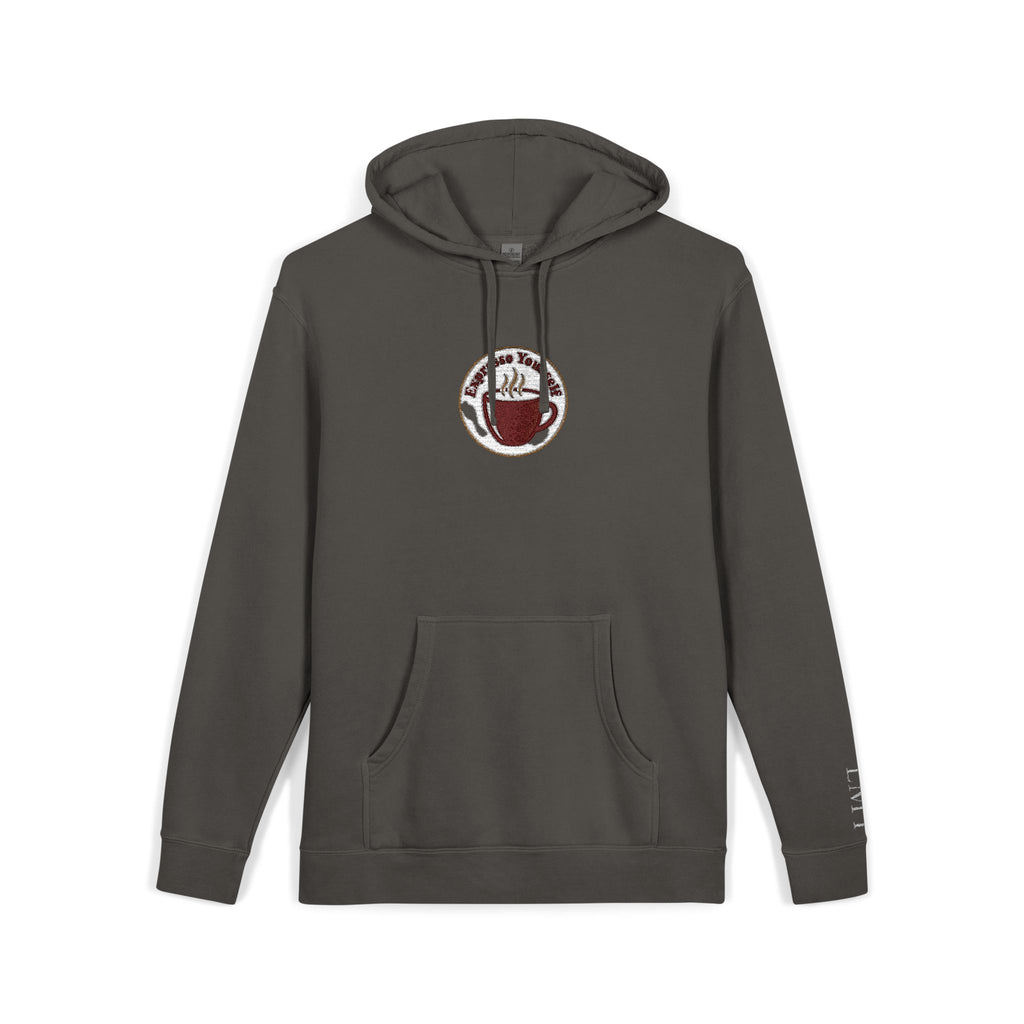 Personalized "Expresso Yourself" Sleeve Pigment-Dyed Hoodie with Coffee Crest Logo — Vintage Cozy Streetwear