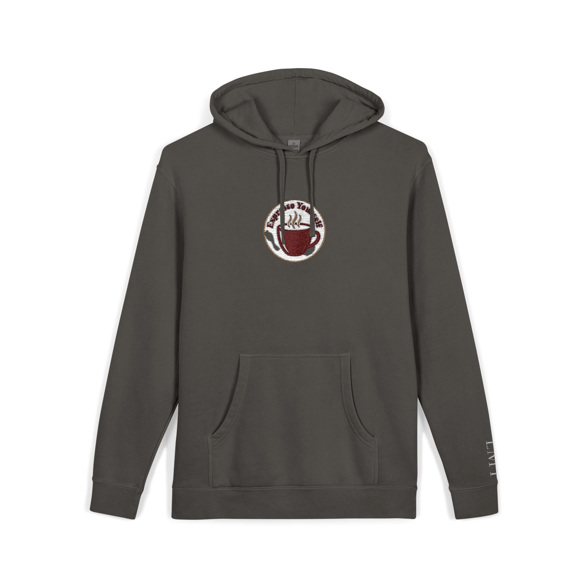 Personalized "Expresso Yourself" Sleeve Pigment-Dyed Hoodie with Coffee Crest Logo — Vintage Cozy Streetwear