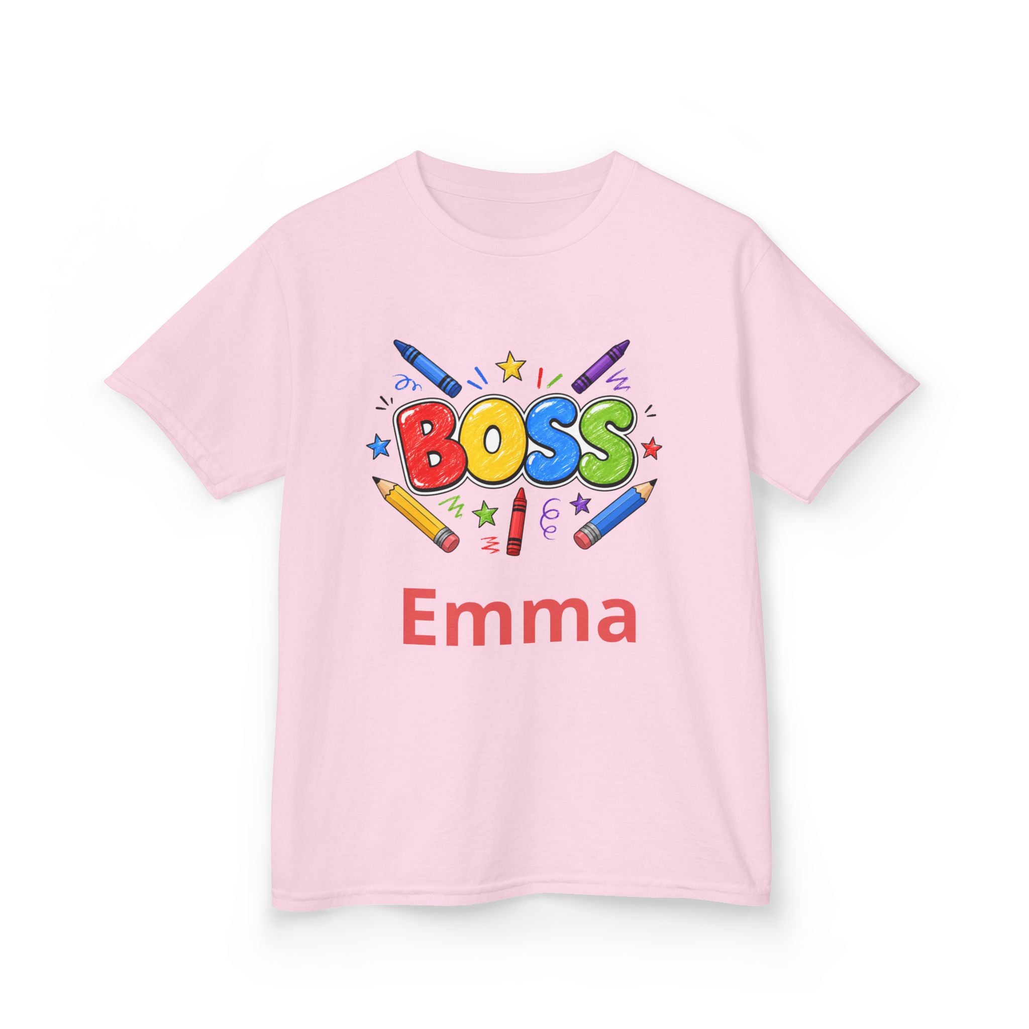 Kids 'Boss' Personalized T‑Shirt — Colorful Crayon Design (Custom Name)