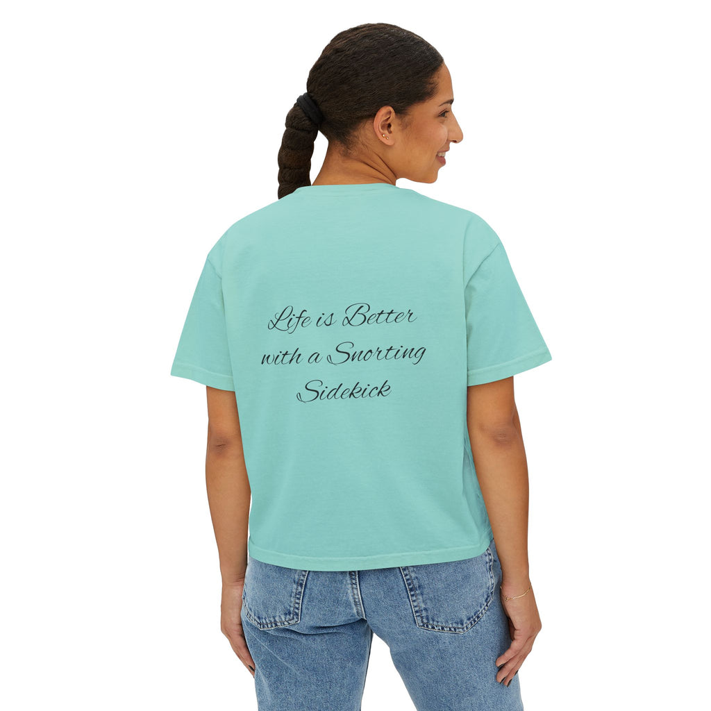 Personalized Pug Mom Boxy Tee — "Pug Mom" Front with "Life is Better with a Snorting Sidekick" Back