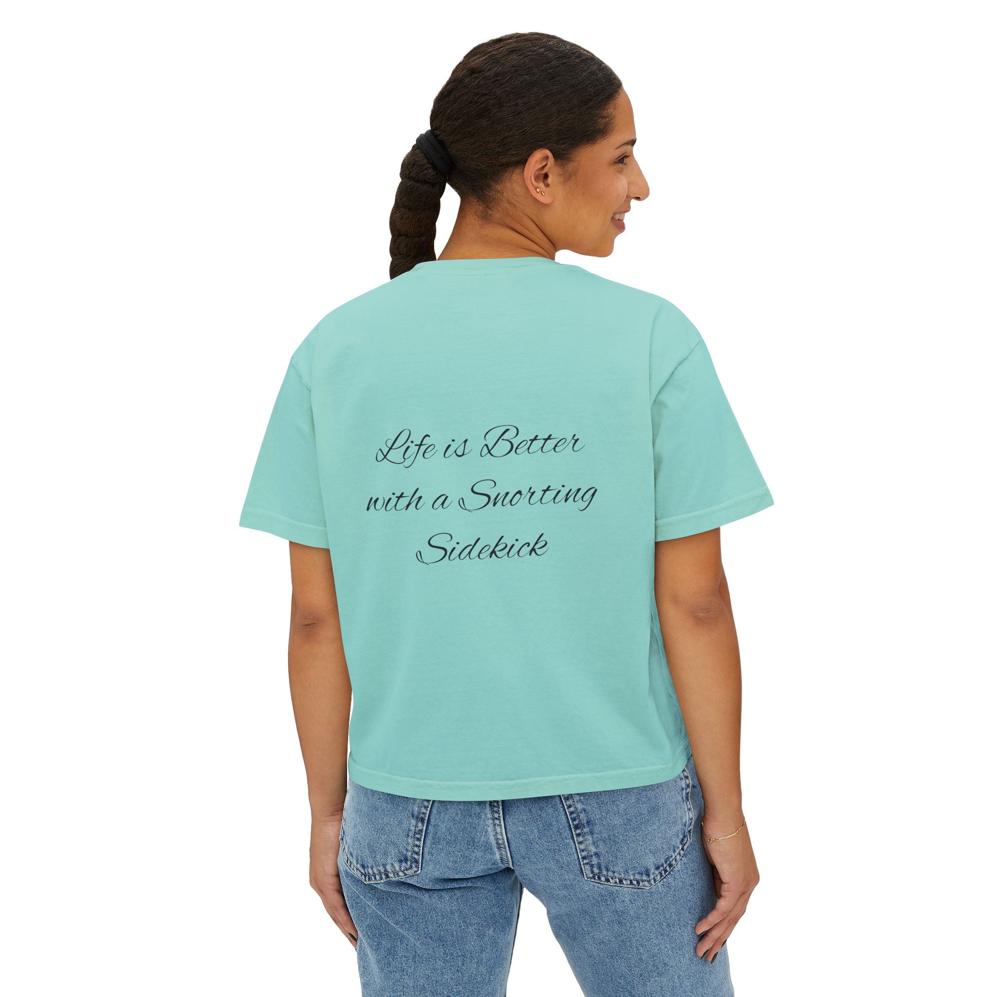 Personalized Pug Mom Boxy Tee — "Pug Mom" Front with "Life is Better with a Snorting Sidekick" Back