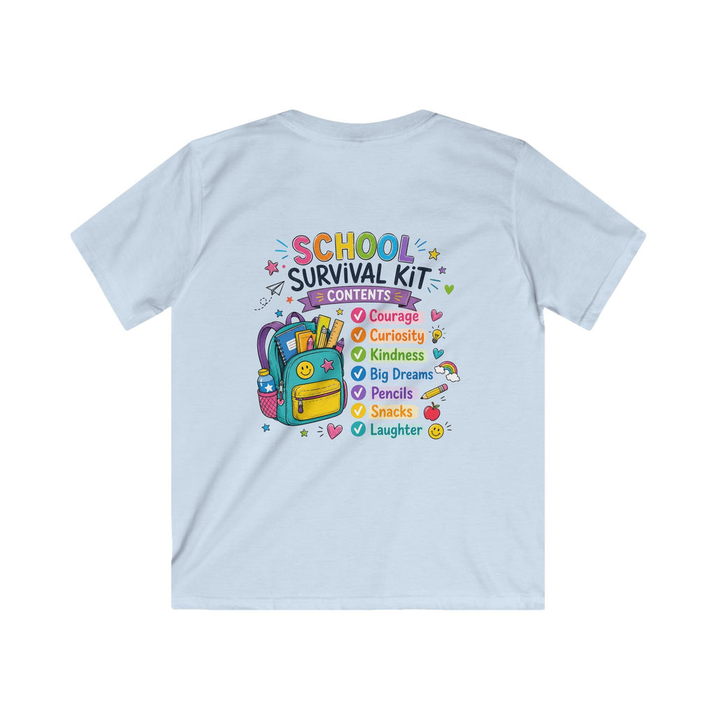 Kids Softstyle Tee- Personalized back to school, with Name, grade, and school survival kit