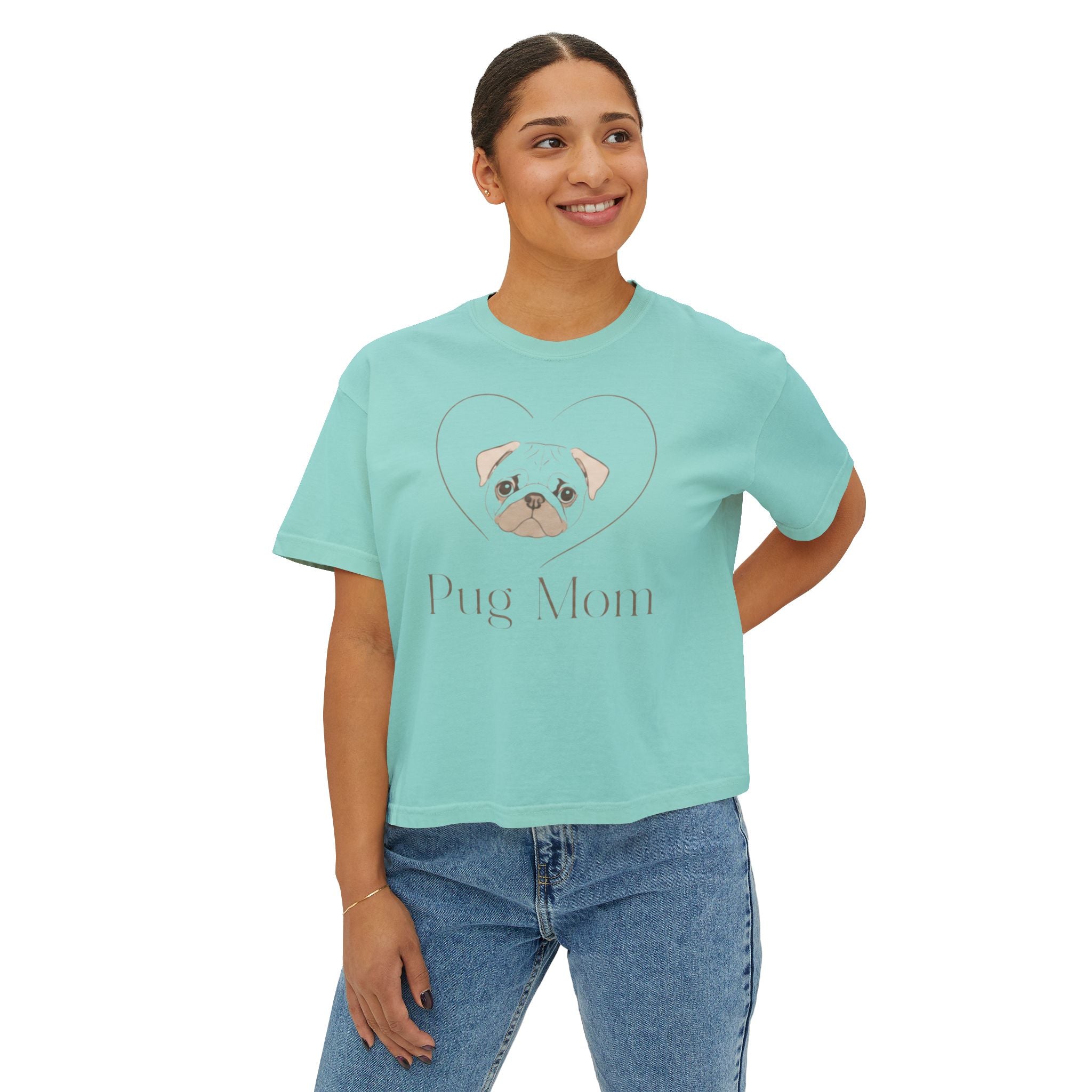 Personalized Pug Mom Boxy Tee — "Pug Mom" Front with "Life is Better with a Snorting Sidekick" Back
