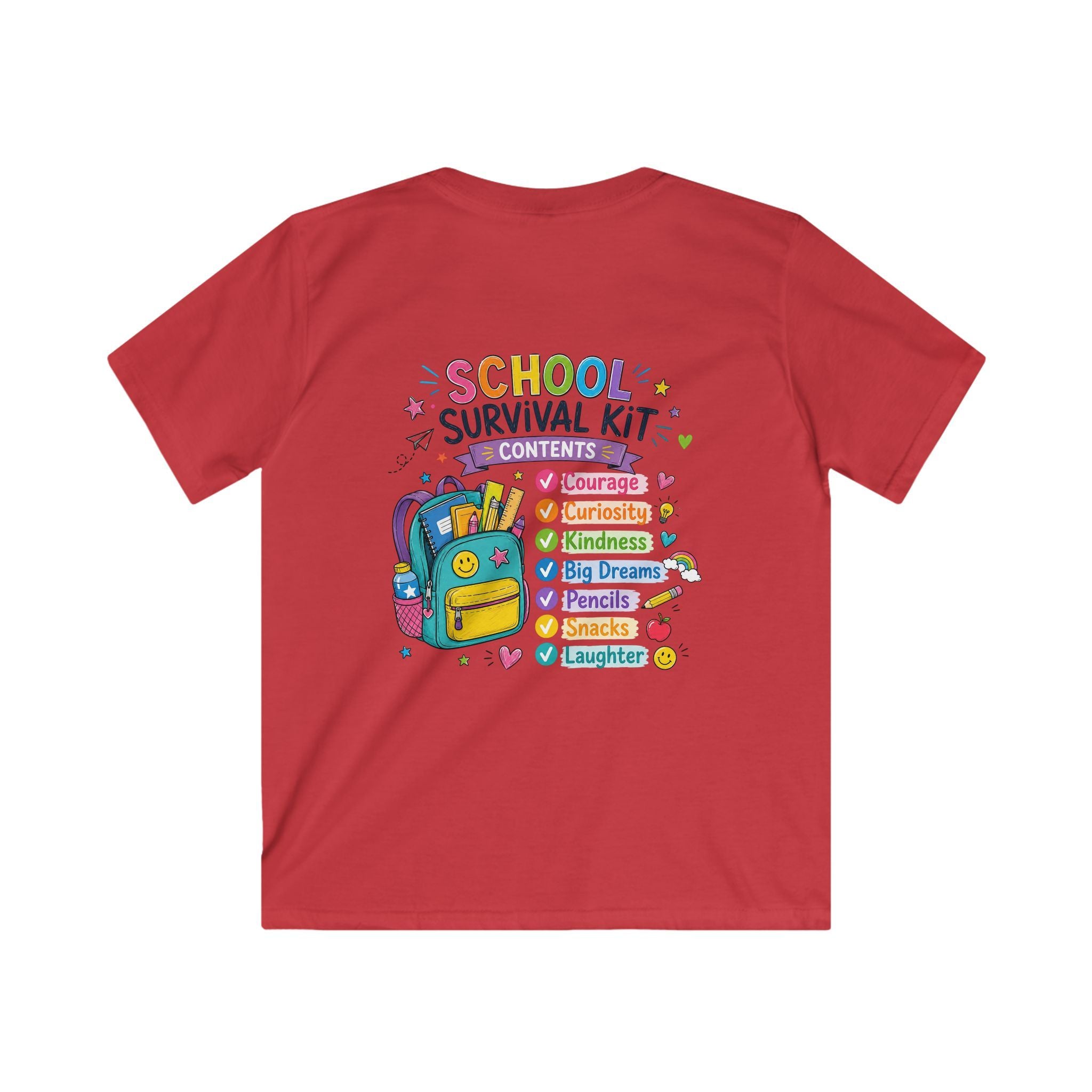Kids Softstyle Tee- Personalized back to school, with Name, grade, and school survival kit