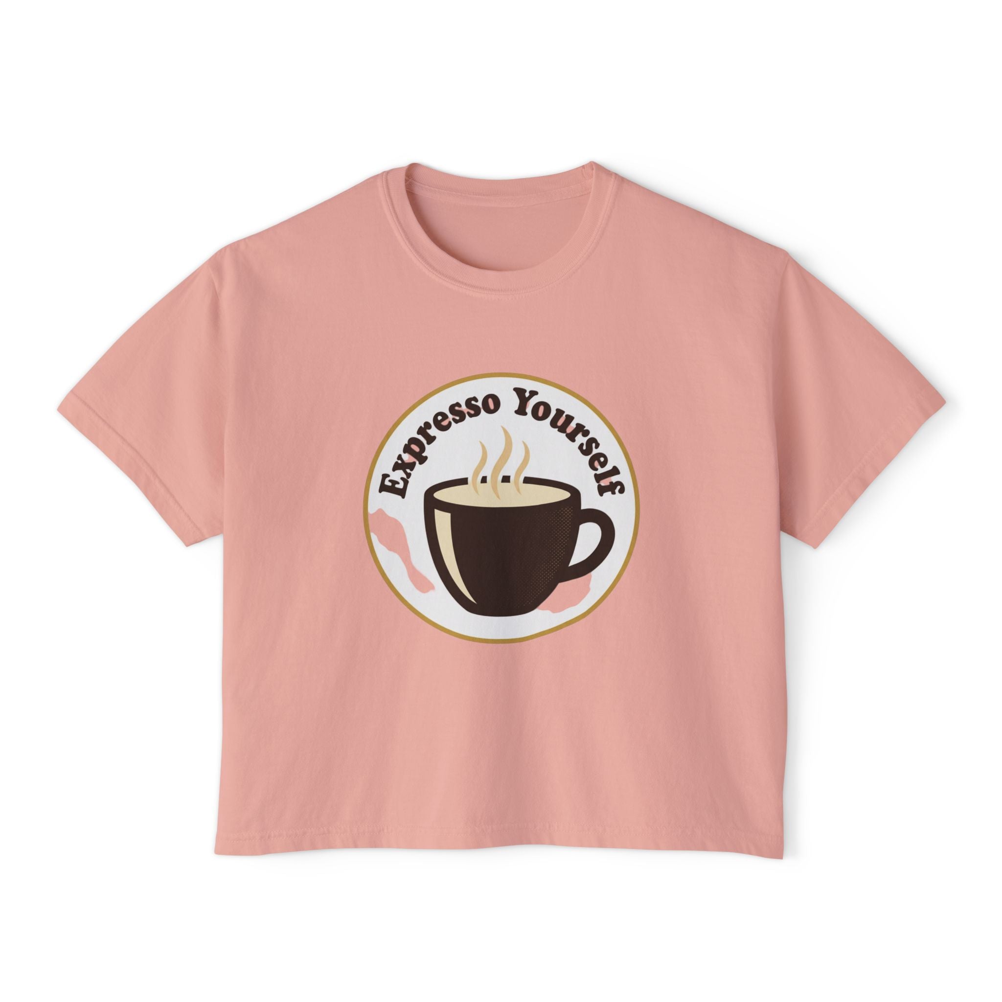 Coffee Graphic Tee — "Expresso Yourself" Boxy Top (Hustle More, Less Coffee)