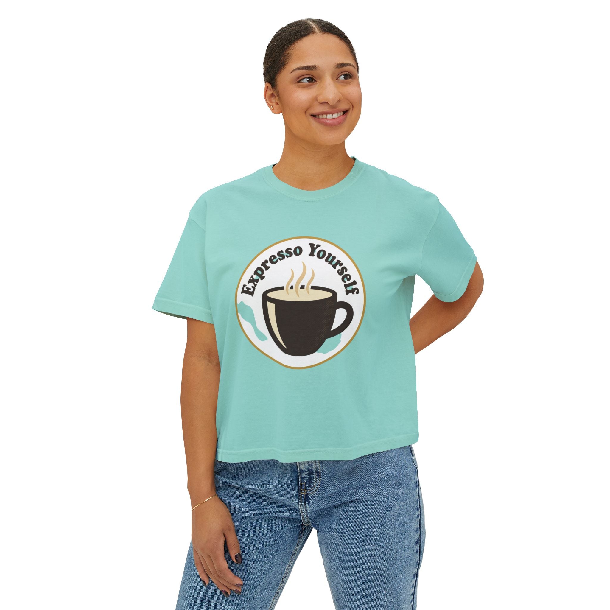 Coffee Graphic Tee — "Expresso Yourself" Boxy Top (Hustle More, Less Coffee)