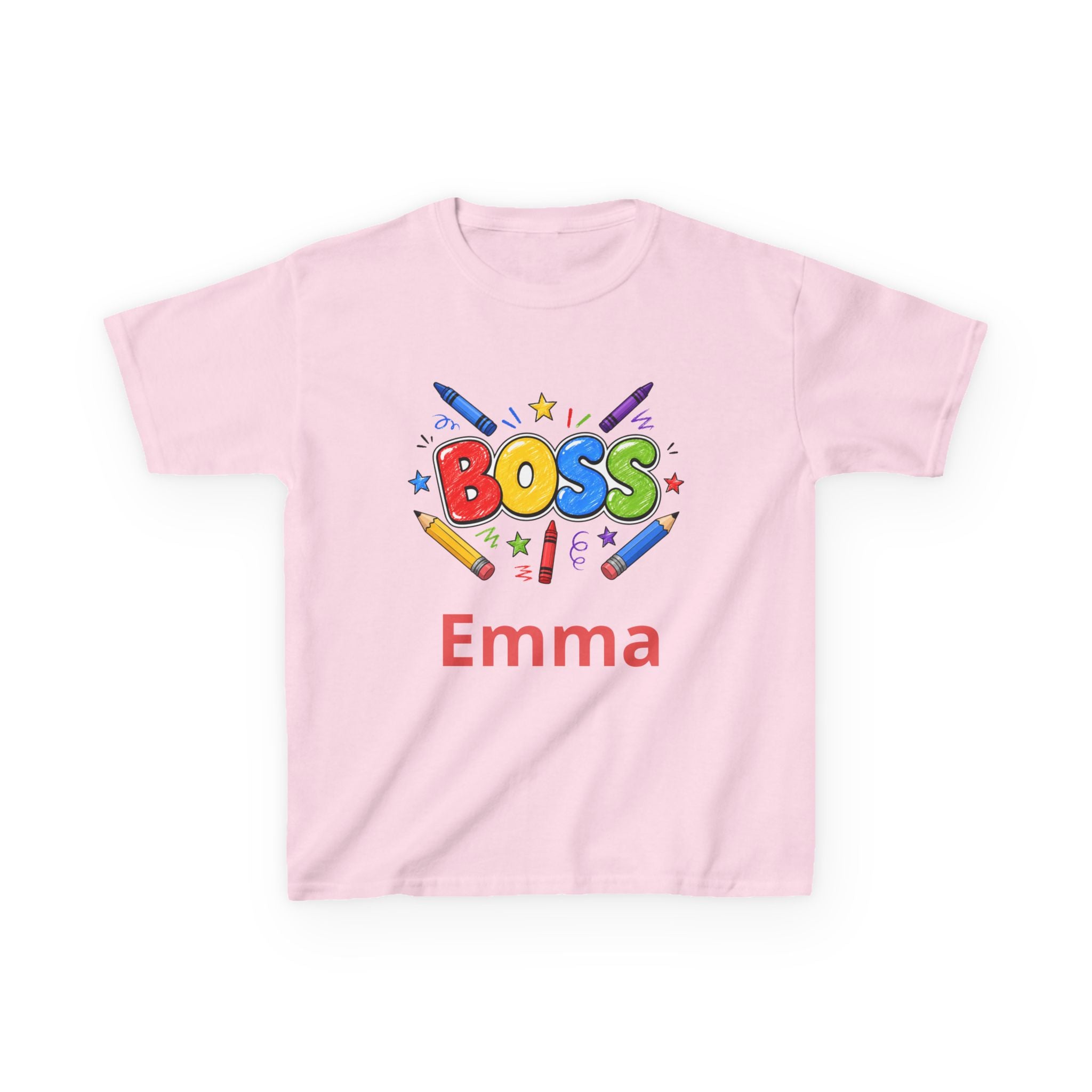 Kids 'Boss' Personalized T‑Shirt — Colorful Crayon Design (Custom Name)