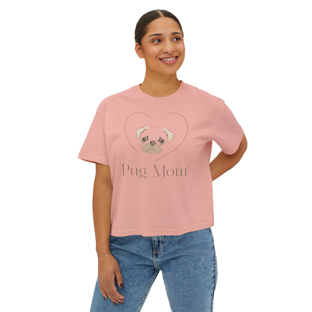 Personalized Pug Mom Boxy Tee — "Pug Mom" Front with "Life is Better with a Snorting Sidekick" Back