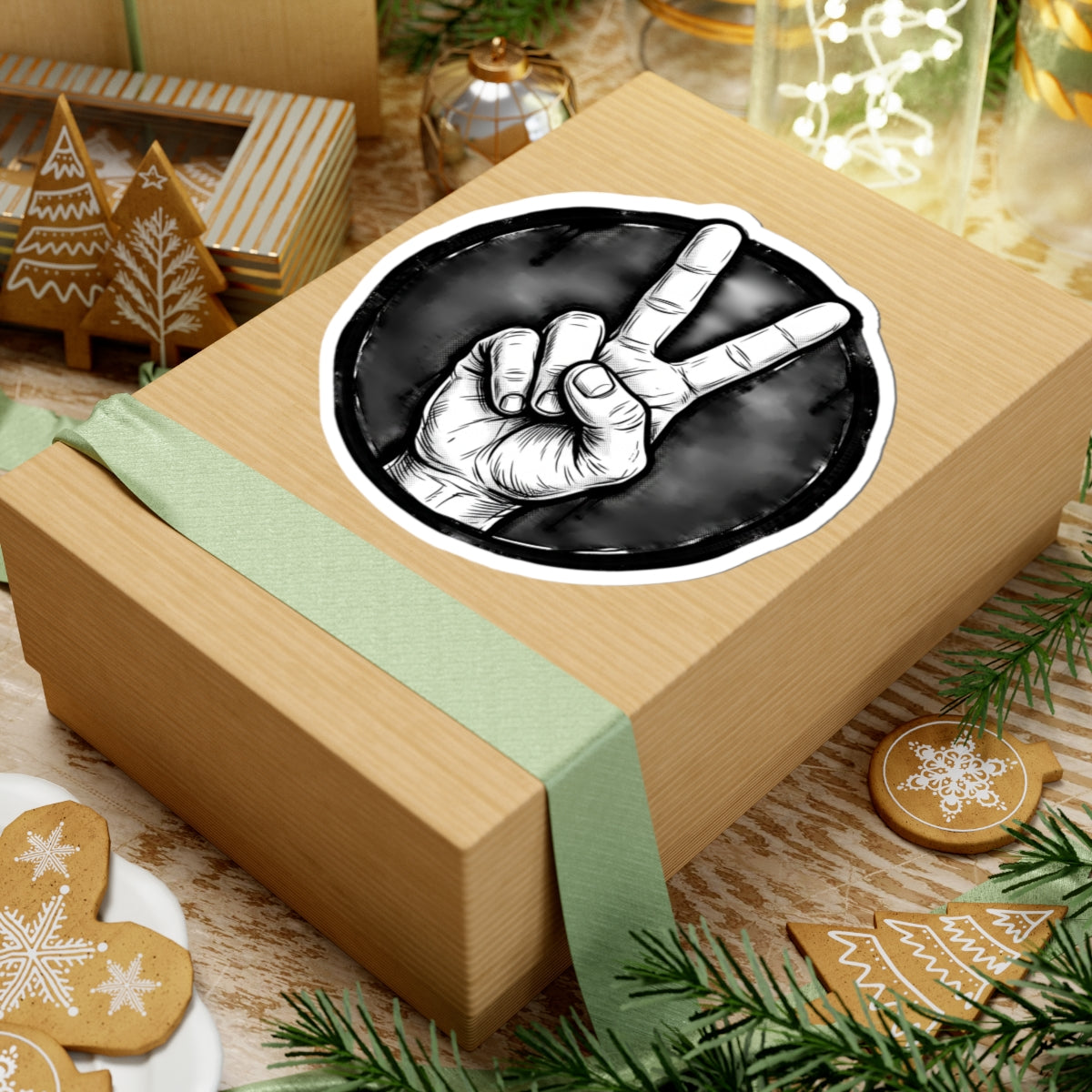 Peace Sign Sticker — Black & White Hand Gesture Kiss-Cut Sticker