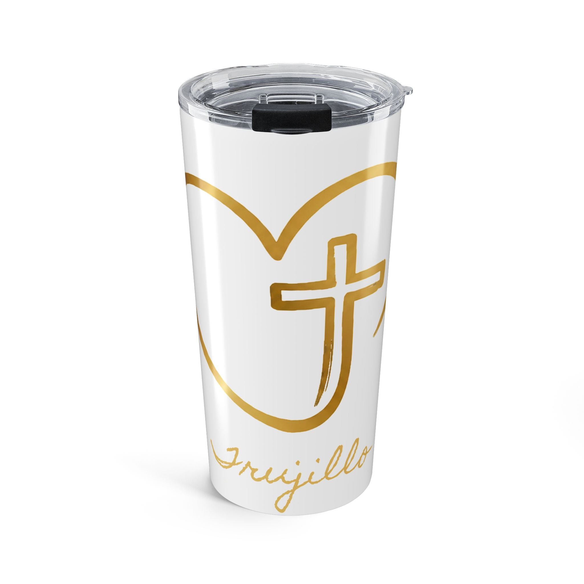 Personalized Christian Heart 20oz Tumbler — Gold Cross Faith Travel Mug