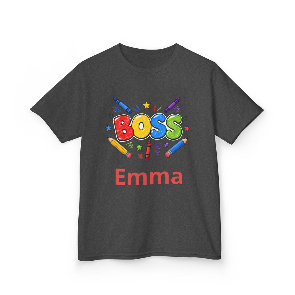Kids 'Boss' Personalized T‑Shirt — Colorful Crayon Design (Custom Name)