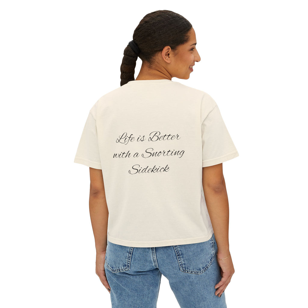 Personalized Pug Mom Boxy Tee — "Pug Mom" Front with "Life is Better with a Snorting Sidekick" Back