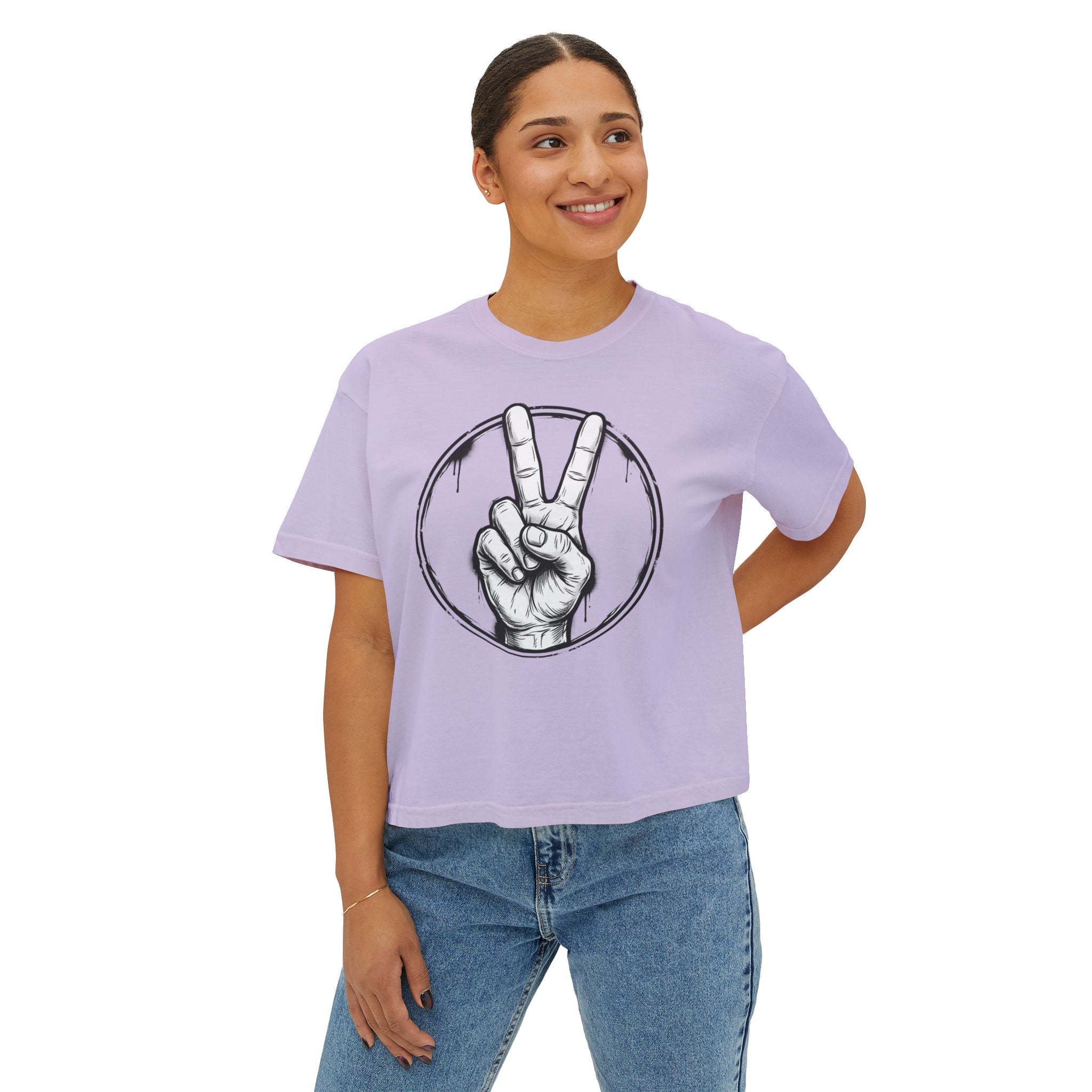Personalized Women’s Boxy Tee — Peace Hand Graphic & “Purpose Looks Good on Me” Back Print