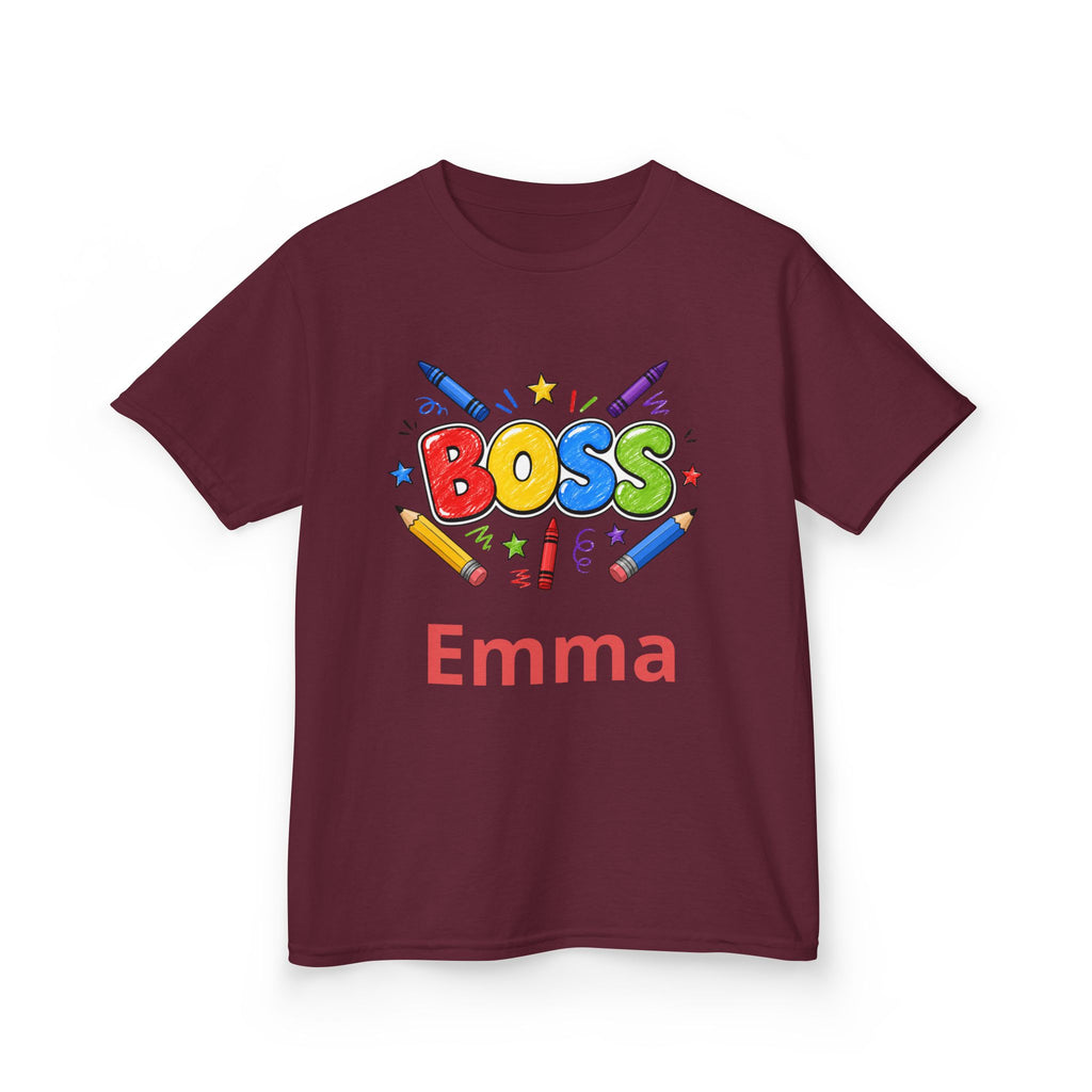 Kids 'Boss' Personalized T‑Shirt — Colorful Crayon Design (Custom Name)