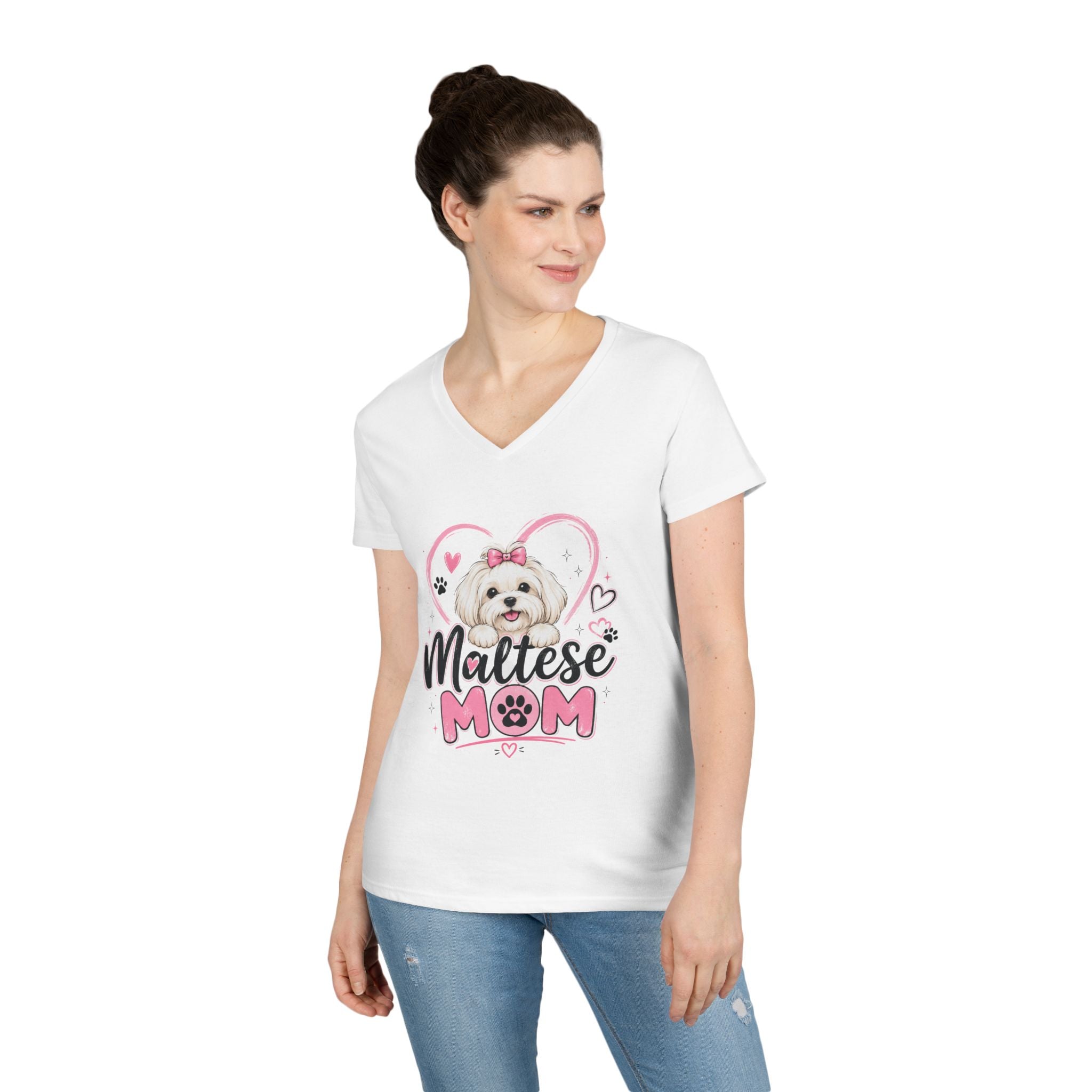 Personalized Maltese Mom V-Neck Tee — Personalized back of Maltese Dog Mom Shirt