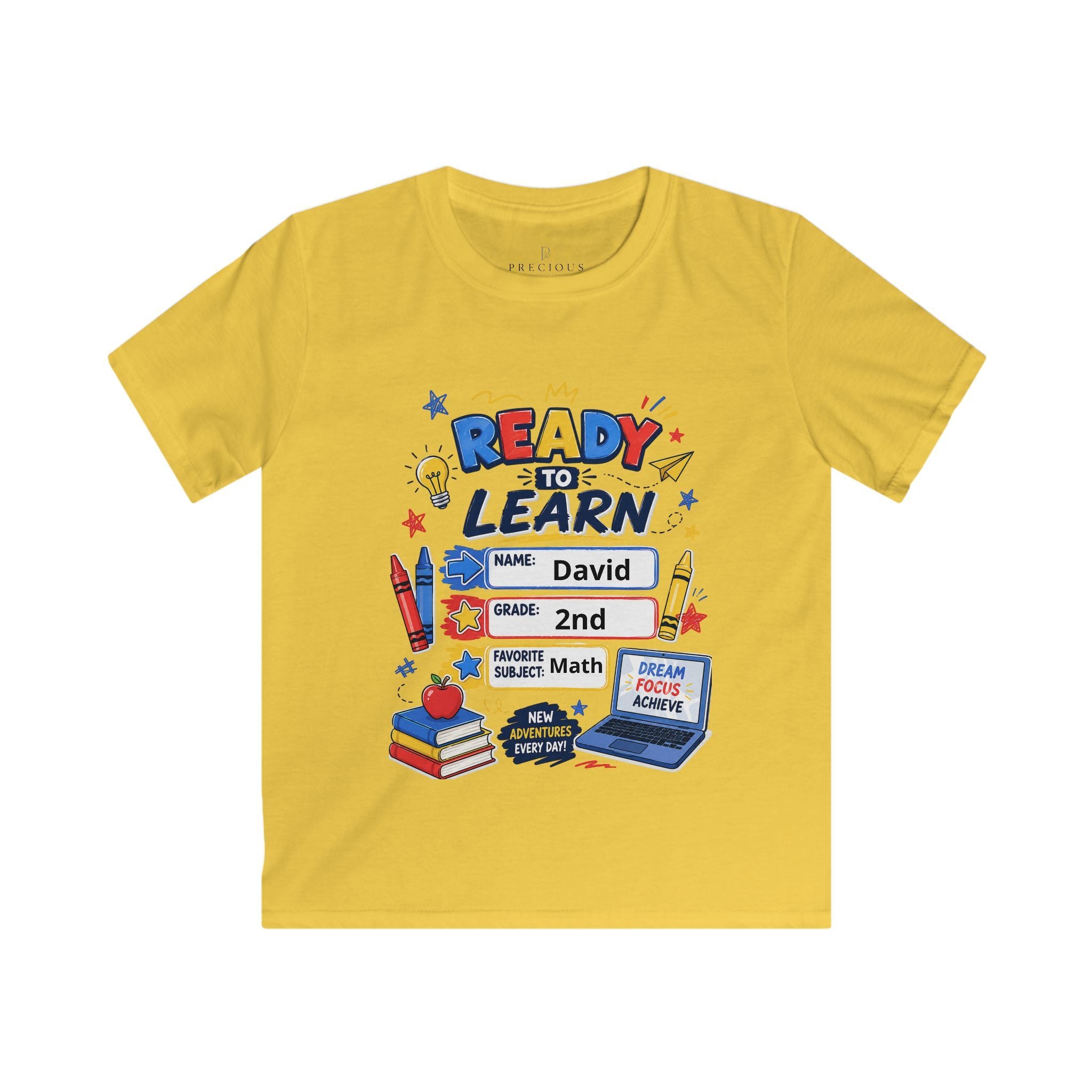 Kids Softstyle Tee- Personalized back to school, with Name, grade, and school survival kit