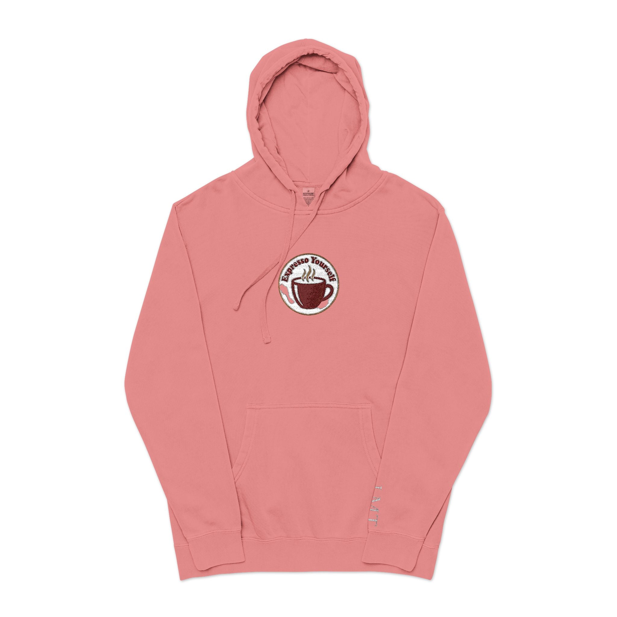 Personalized "Expresso Yourself" Sleeve Pigment-Dyed Hoodie with Coffee Crest Logo — Vintage Cozy Streetwear