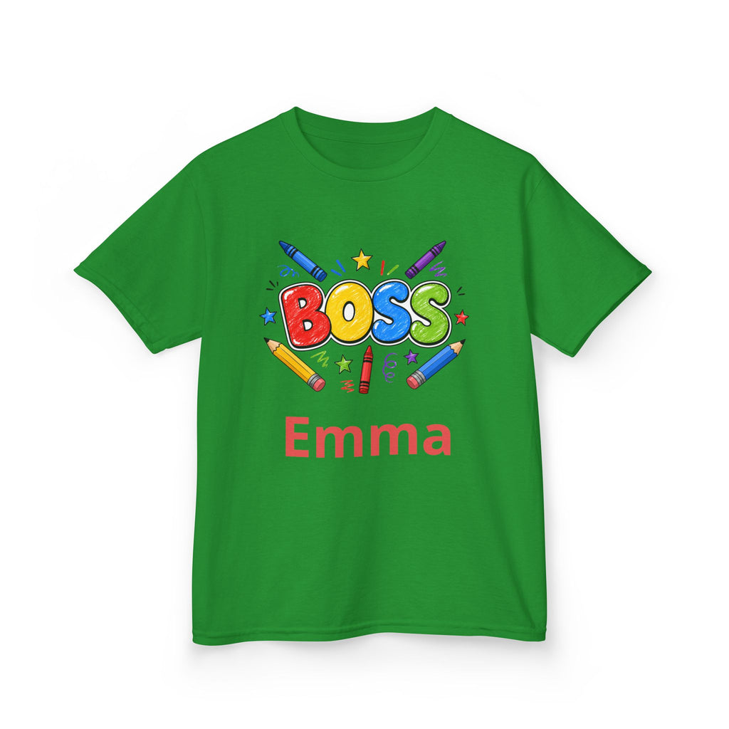Kids 'Boss' Personalized T‑Shirt — Colorful Crayon Design (Custom Name)