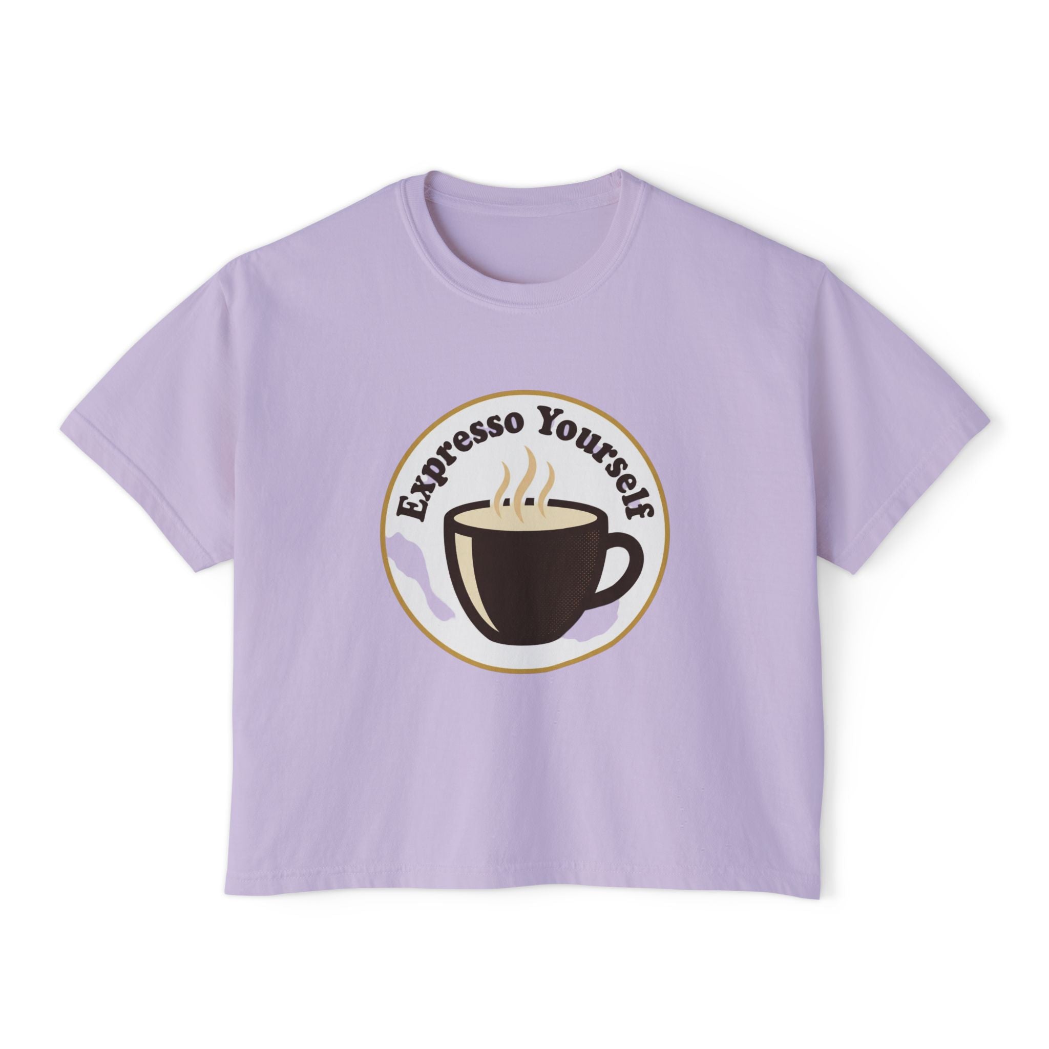 Coffee Graphic Tee — "Expresso Yourself" Boxy Top (Hustle More, Less Coffee)