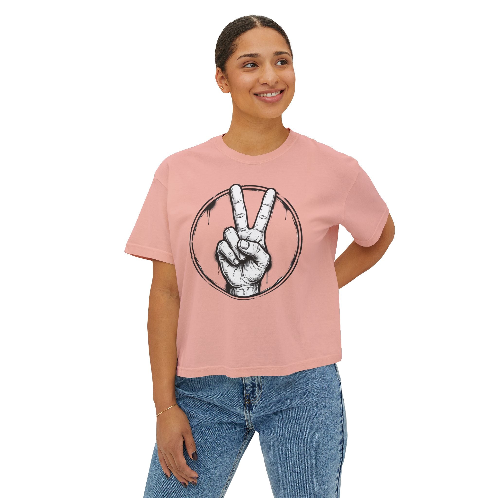 Personalized Women’s Boxy Tee — Peace Hand Graphic & “Purpose Looks Good on Me” Back Print