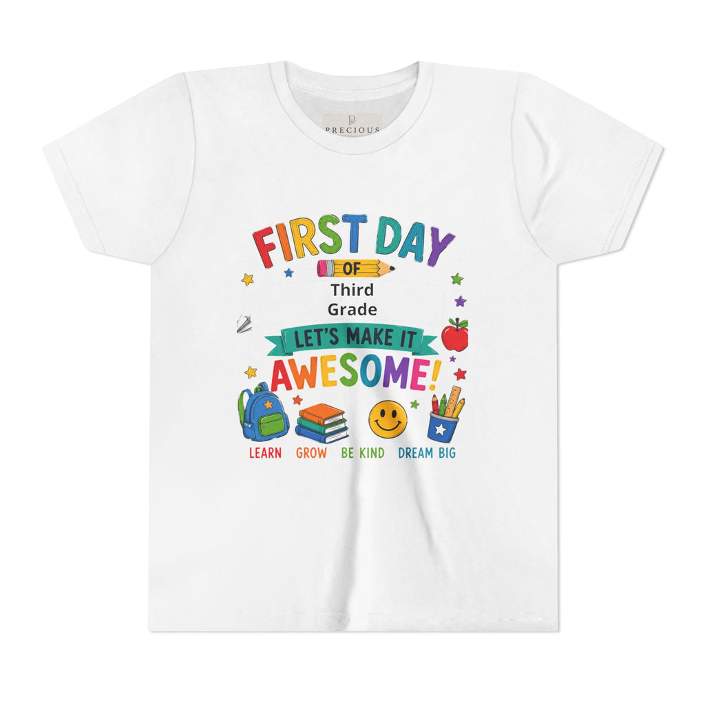 First Day of School Personalized Youth Tee — "Let's Make It Awesome!" Backname Personalizable (David 2026)