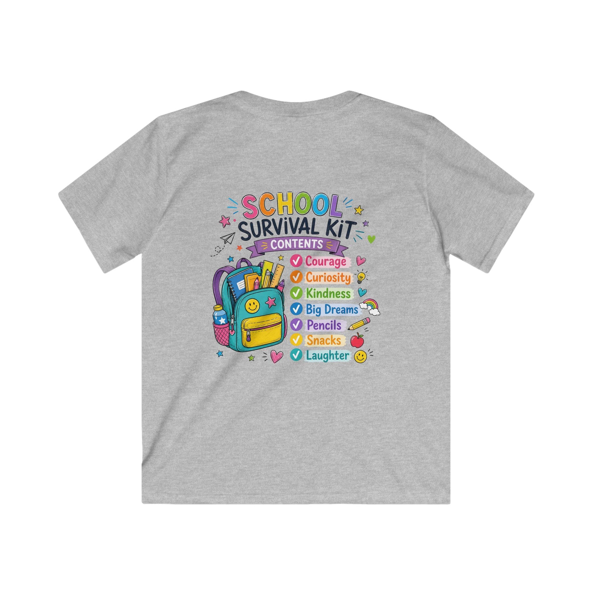Kids Softstyle Tee- Personalized back to school, with Name, grade, and school survival kit