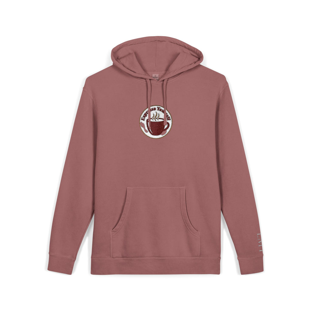 Personalized "Expresso Yourself" Sleeve Pigment-Dyed Hoodie with Coffee Crest Logo — Vintage Cozy Streetwear