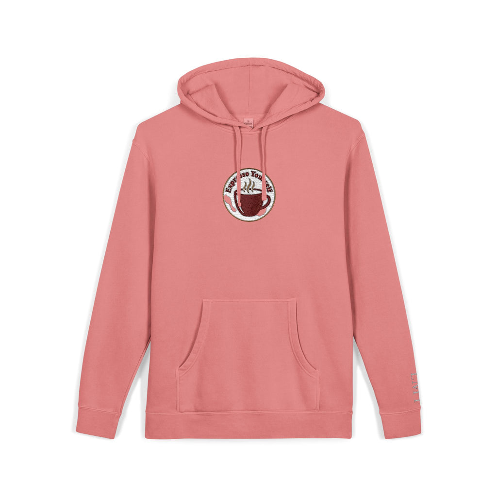 Personalized "Expresso Yourself" Sleeve Pigment-Dyed Hoodie with Coffee Crest Logo — Vintage Cozy Streetwear
