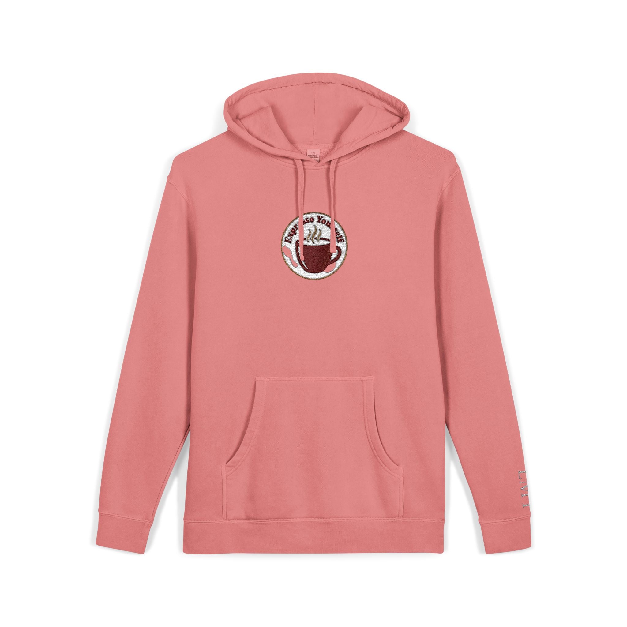 Personalized "Expresso Yourself" Sleeve Pigment-Dyed Hoodie with Coffee Crest Logo — Vintage Cozy Streetwear