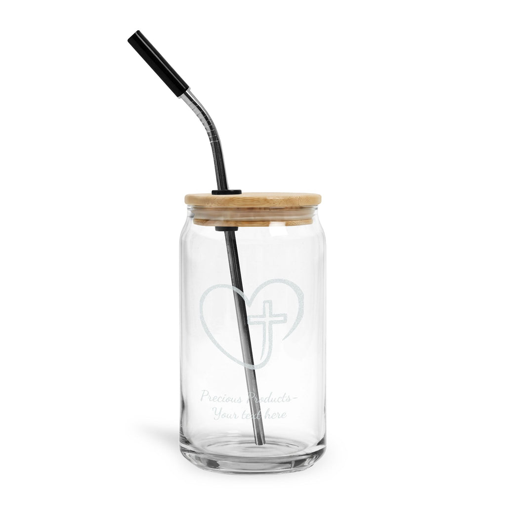 Personalized Engraved 16oz Can Glass with Lid — Heart & Cross Design, Bamboo Lid Tumbler