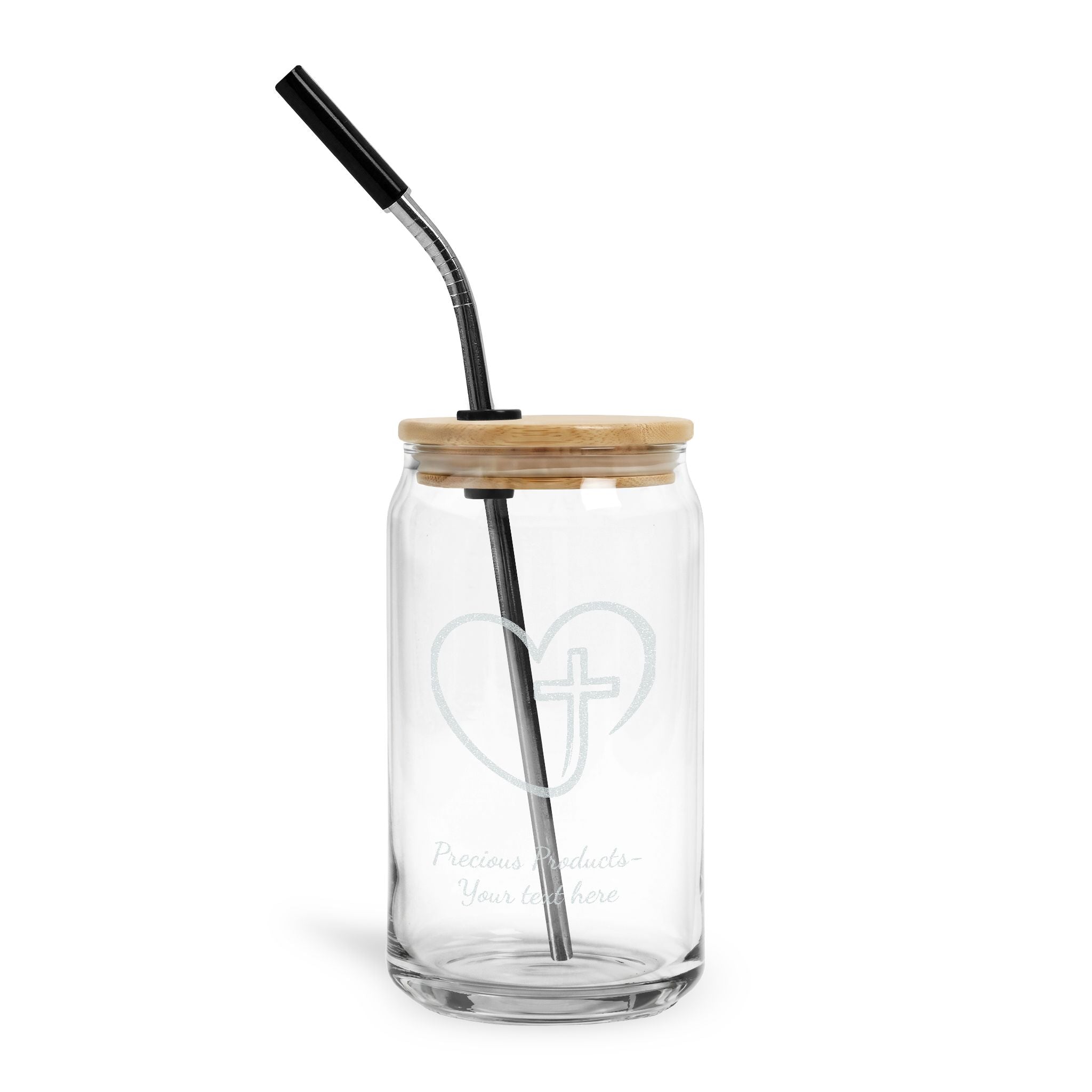 Personalized Engraved 16oz Can Glass with Lid — Heart & Cross Design, Bamboo Lid Tumbler