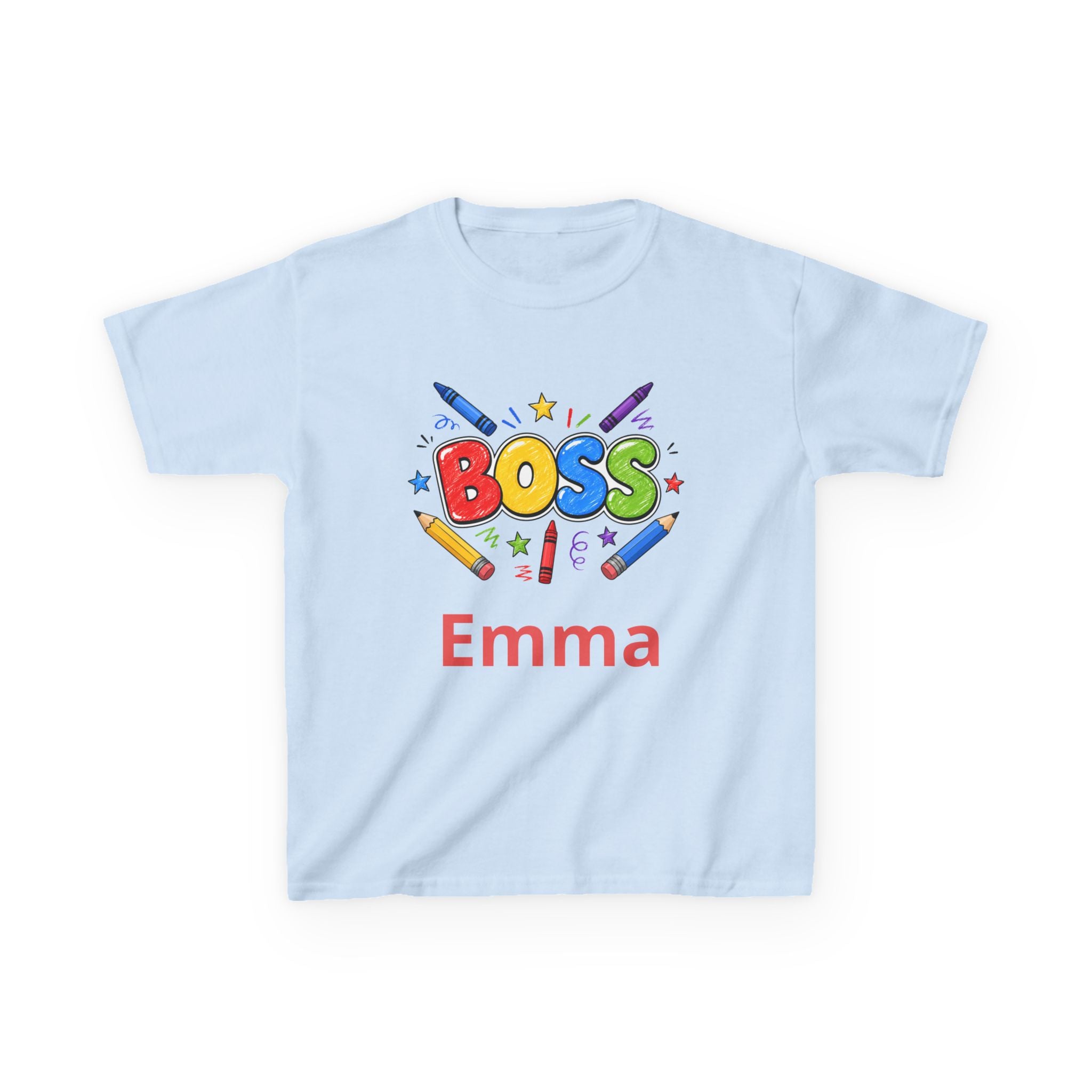 Kids 'Boss' Personalized T‑Shirt — Colorful Crayon Design (Custom Name)