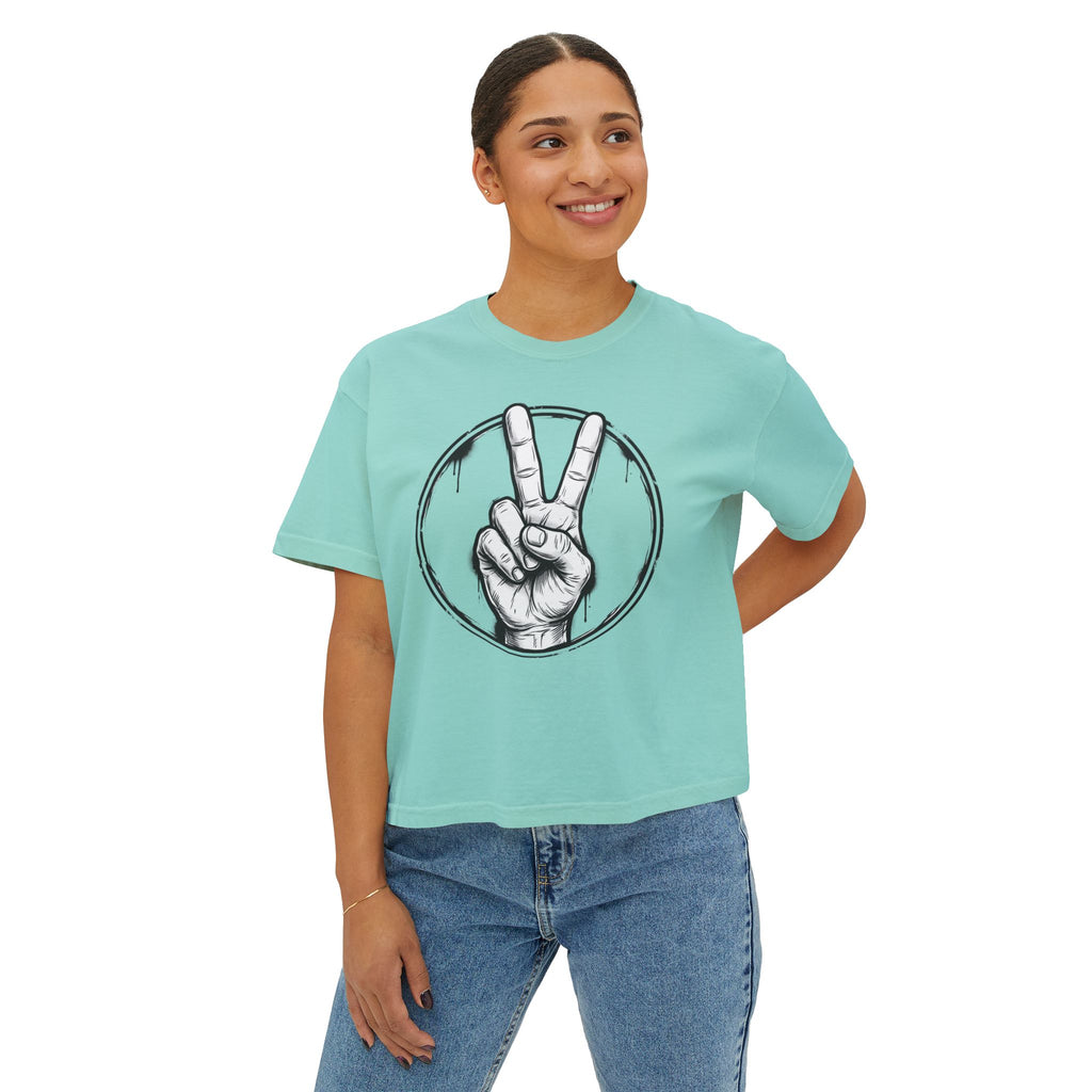 Personalized Women’s Boxy Tee — Peace Hand Graphic & “Purpose Looks Good on Me” Back Print