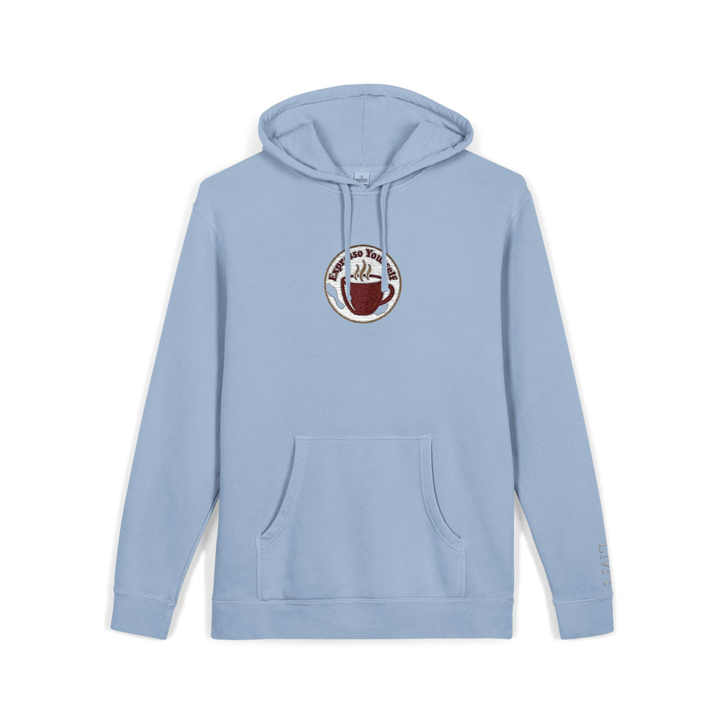 Personalized "Expresso Yourself" Sleeve Pigment-Dyed Hoodie with Coffee Crest Logo — Vintage Cozy Streetwear