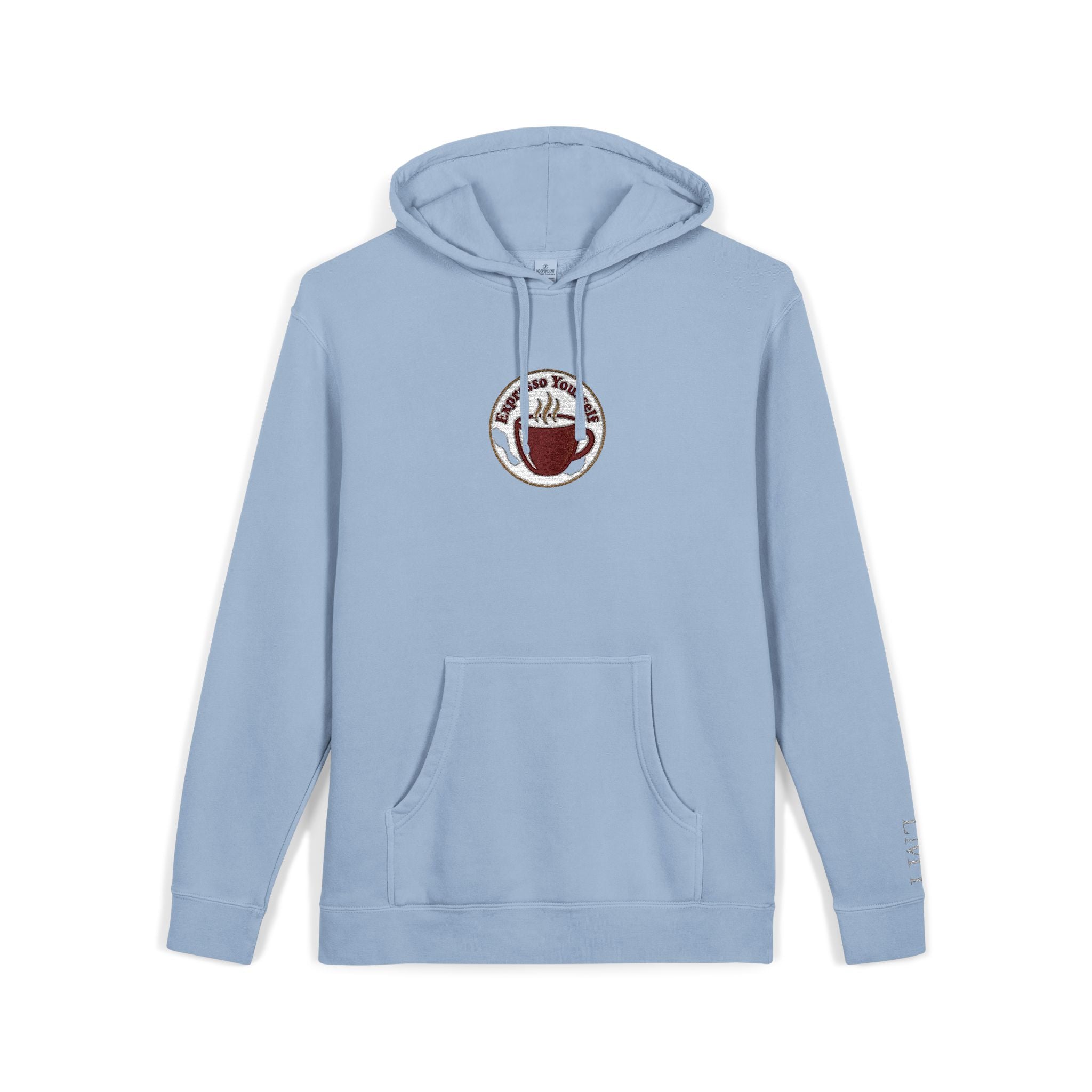 Personalized "Expresso Yourself" Sleeve Pigment-Dyed Hoodie with Coffee Crest Logo — Vintage Cozy Streetwear