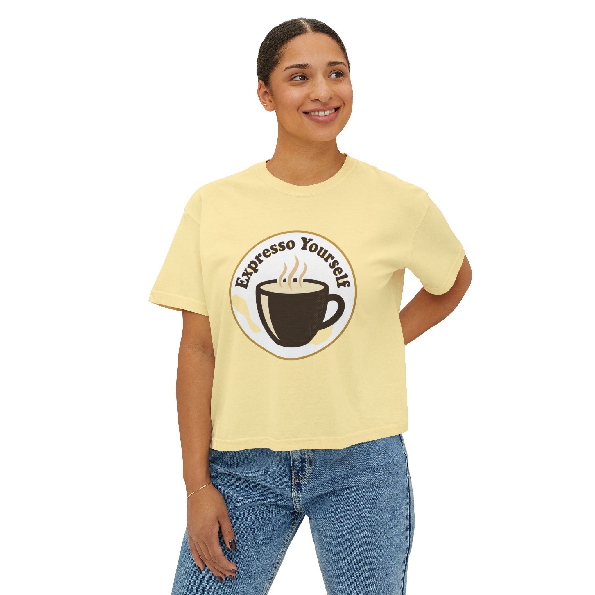 Coffee Graphic Tee — "Expresso Yourself" Boxy Top (Hustle More, Less Coffee)