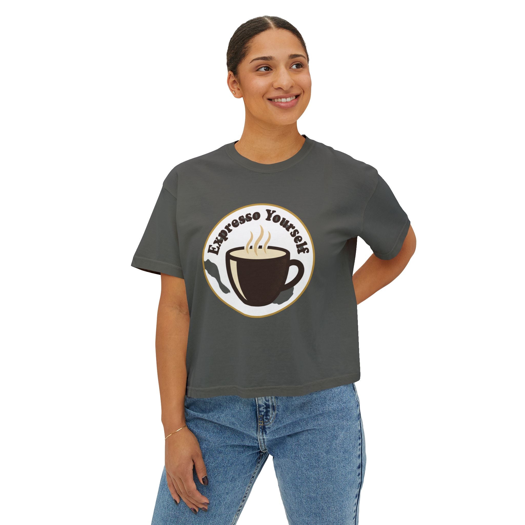 Coffee Graphic Tee — "Expresso Yourself" Boxy Top (Hustle More, Less Coffee)