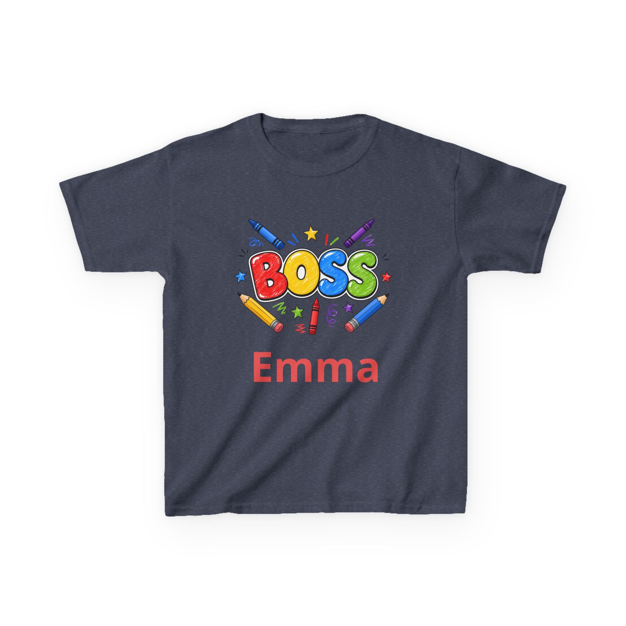 Kids 'Boss' Personalized T‑Shirt — Colorful Crayon Design (Custom Name)