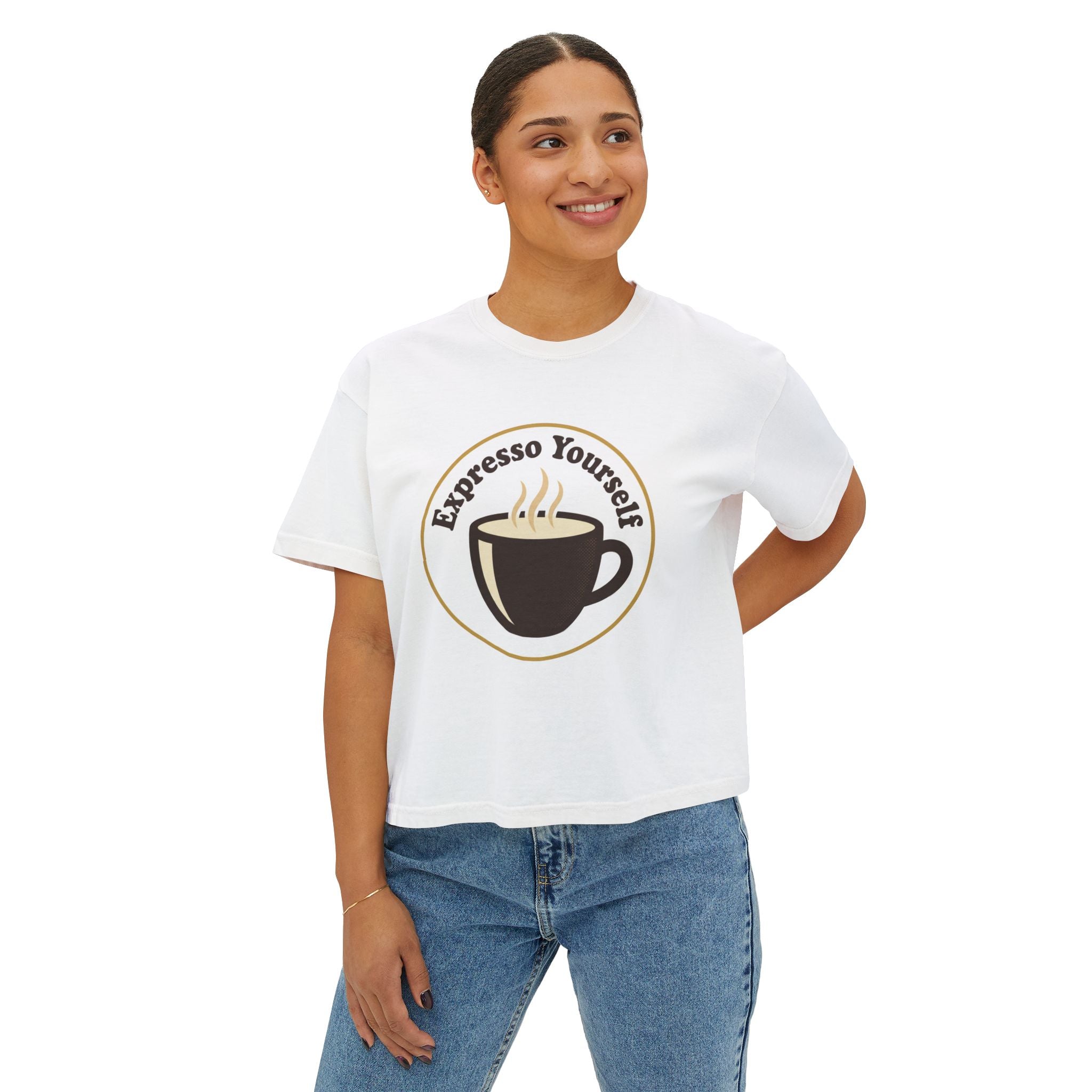 Coffee Graphic Tee — "Expresso Yourself" Boxy Top (Hustle More, Less Coffee)