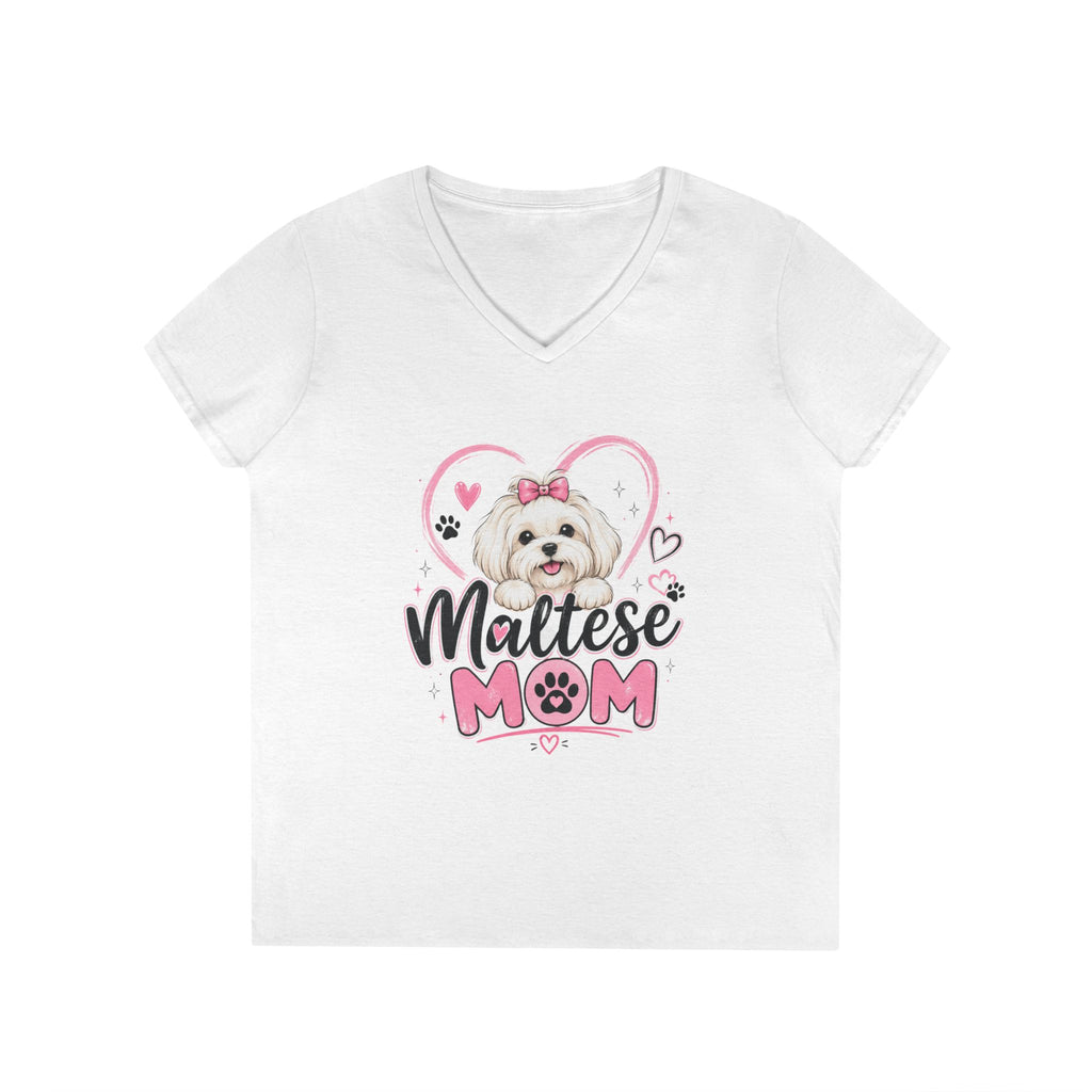 Personalized Maltese Mom V-Neck Tee — Personalized back of Maltese Dog Mom Shirt