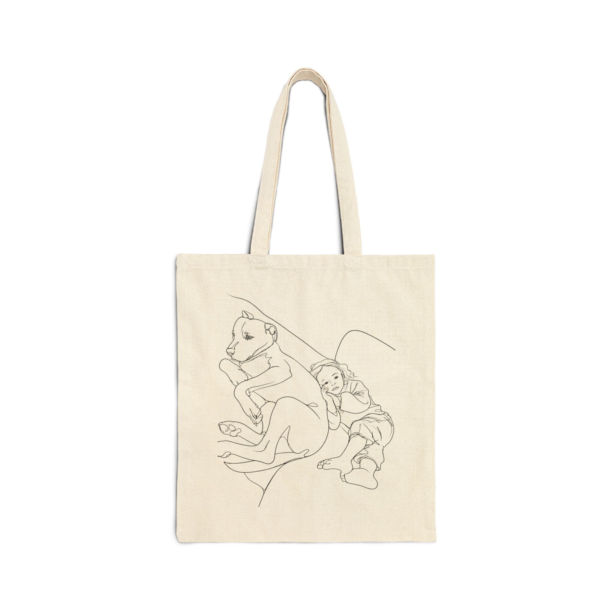 Custom Tote Bag — Minimal Line Art Dog & Child Illustration Cotton Canvas Tote