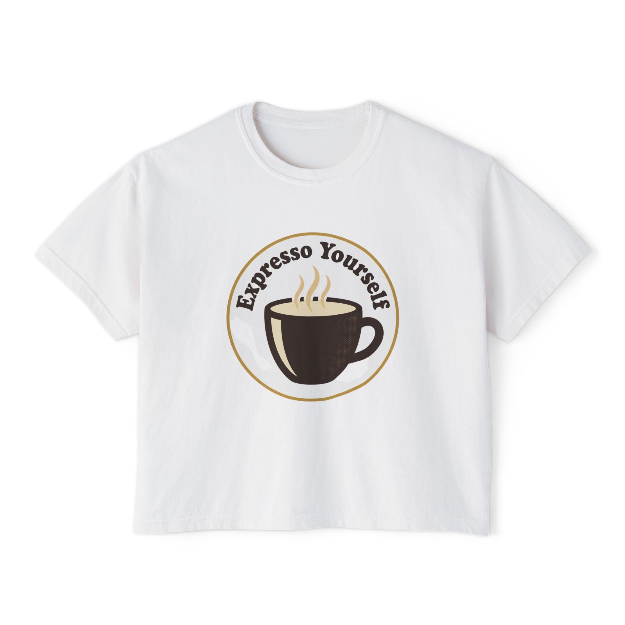 Coffee Graphic Tee — "Expresso Yourself" Boxy Top (Hustle More, Less Coffee)